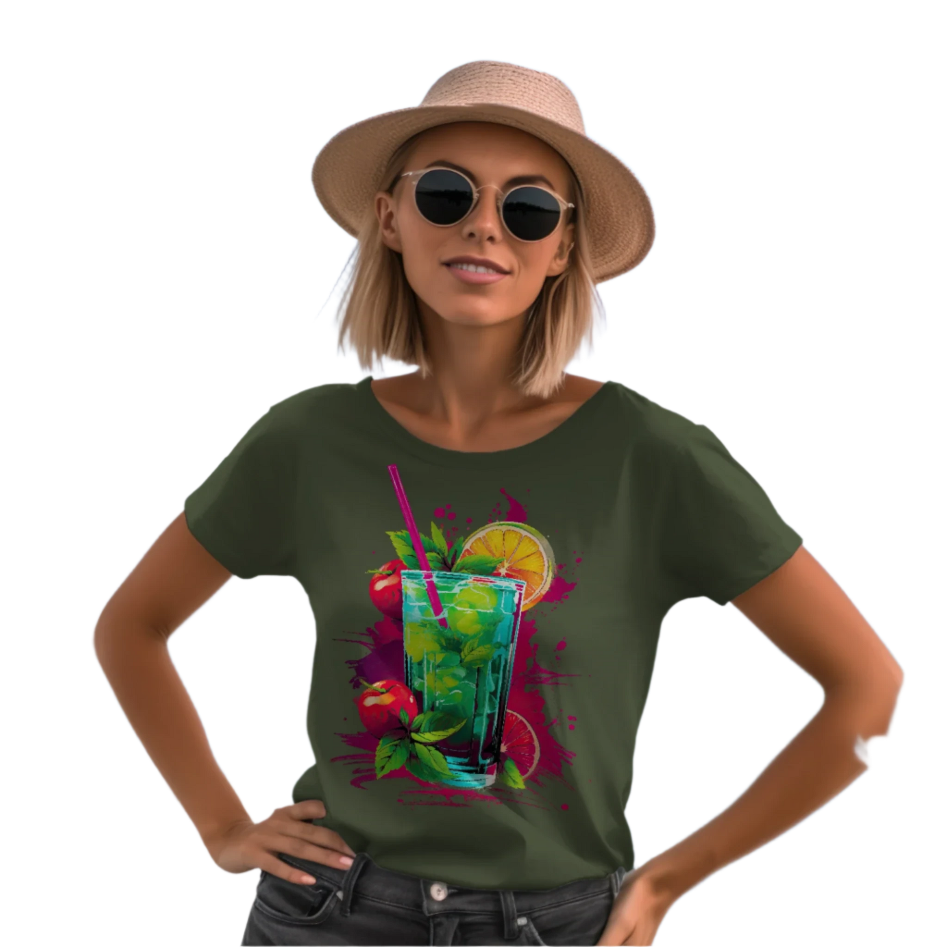 Vibrant Drink Design Refreshing T-Shirt for a Whimsical Look Military Green