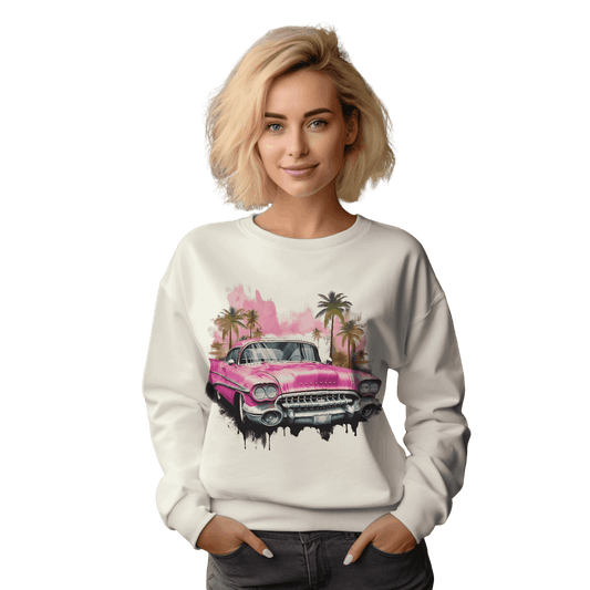 Retro Pink Vintage Car Sweatshirt for a Stylish Nostalgic Look White