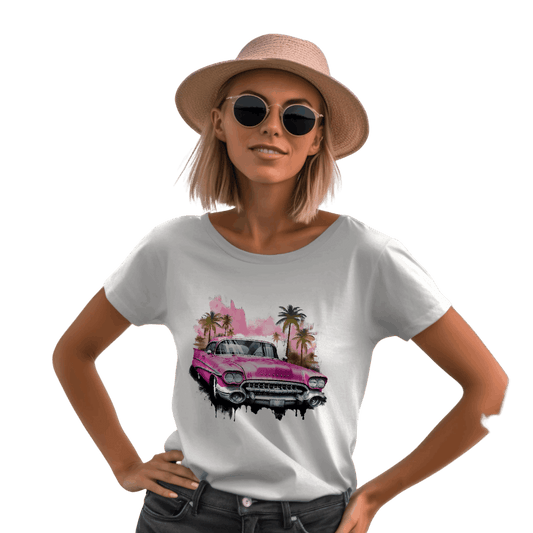 Retro Pink Vintage Car T-Shirt with Tropical Paradise Design White