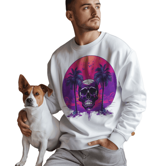 Skull Sunset Sweatshirt: Unique Artistry Meets Vibrant Tropical Vibes White