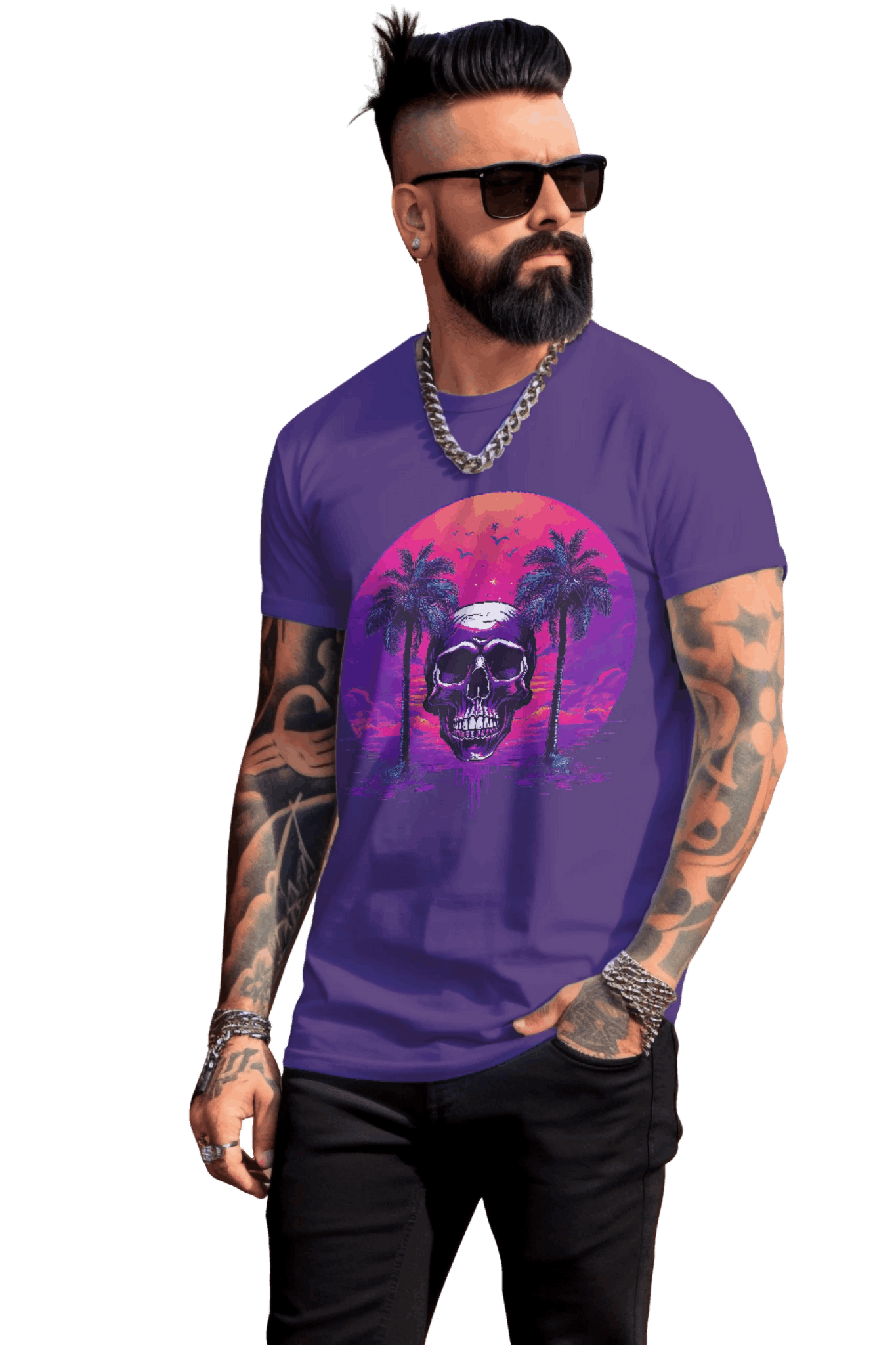 Empowering Skull Sunset T-Shirt Embracing Life and Mortality Team Purple