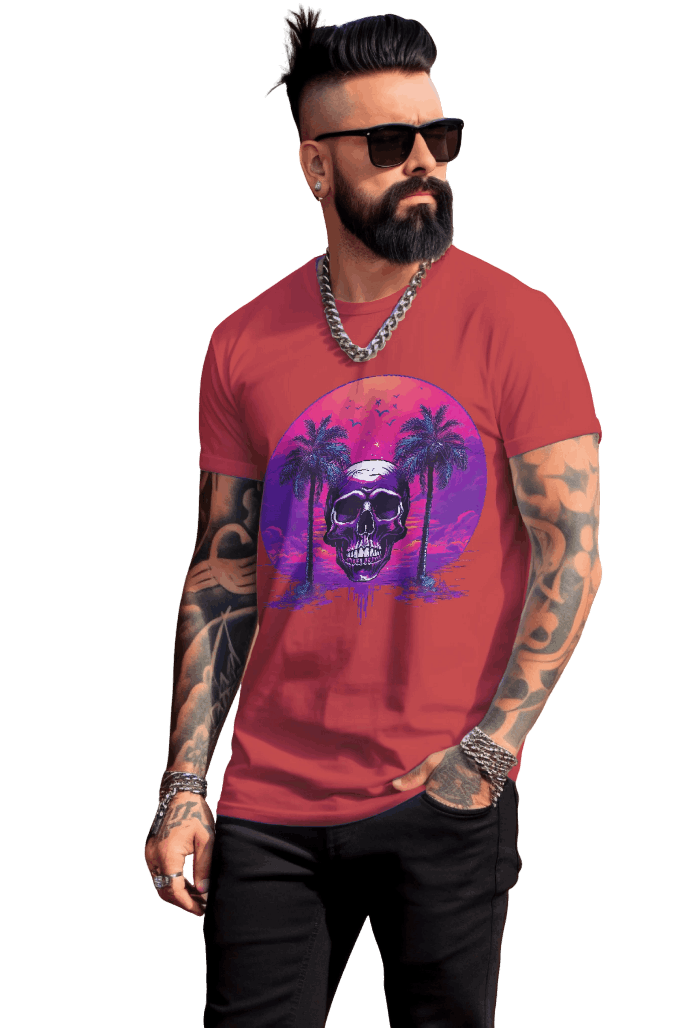 Empowering Skull Sunset T-Shirt Embracing Life and Mortality Red