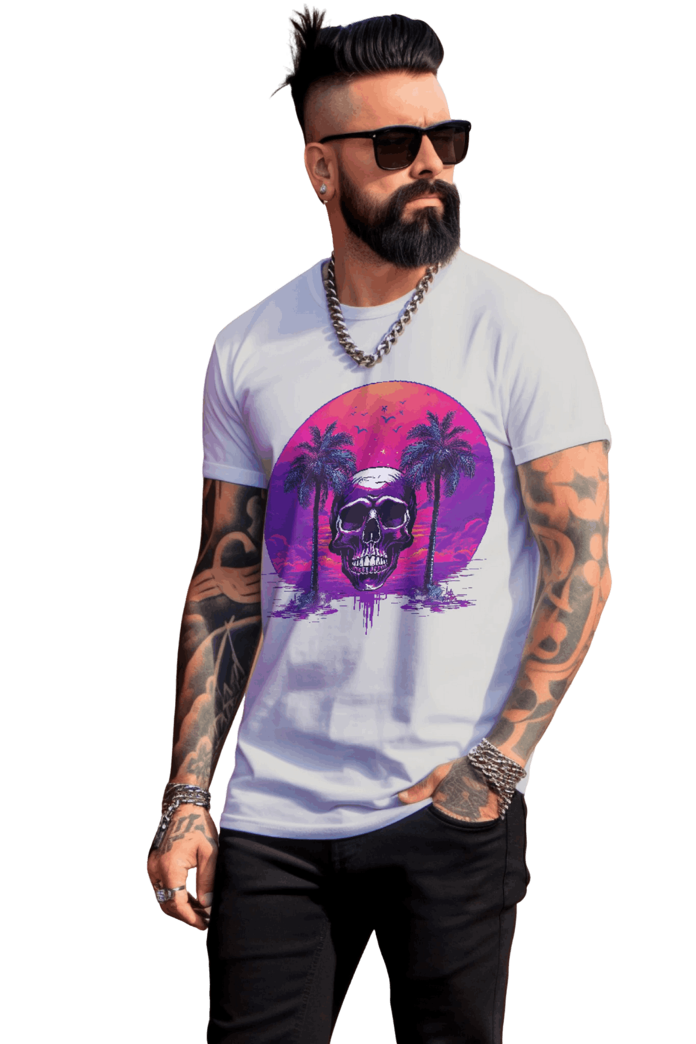 Empowering Skull Sunset T-Shirt Embracing Life and Mortality Silver