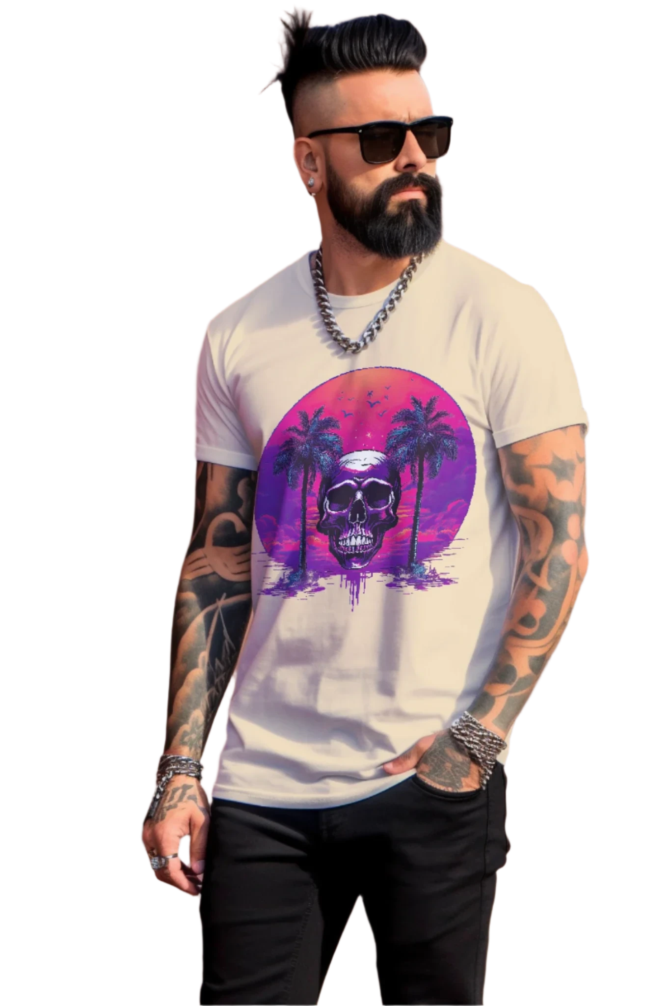 Empowering Skull Sunset T-Shirt Embracing Life and Mortality Soft Cream