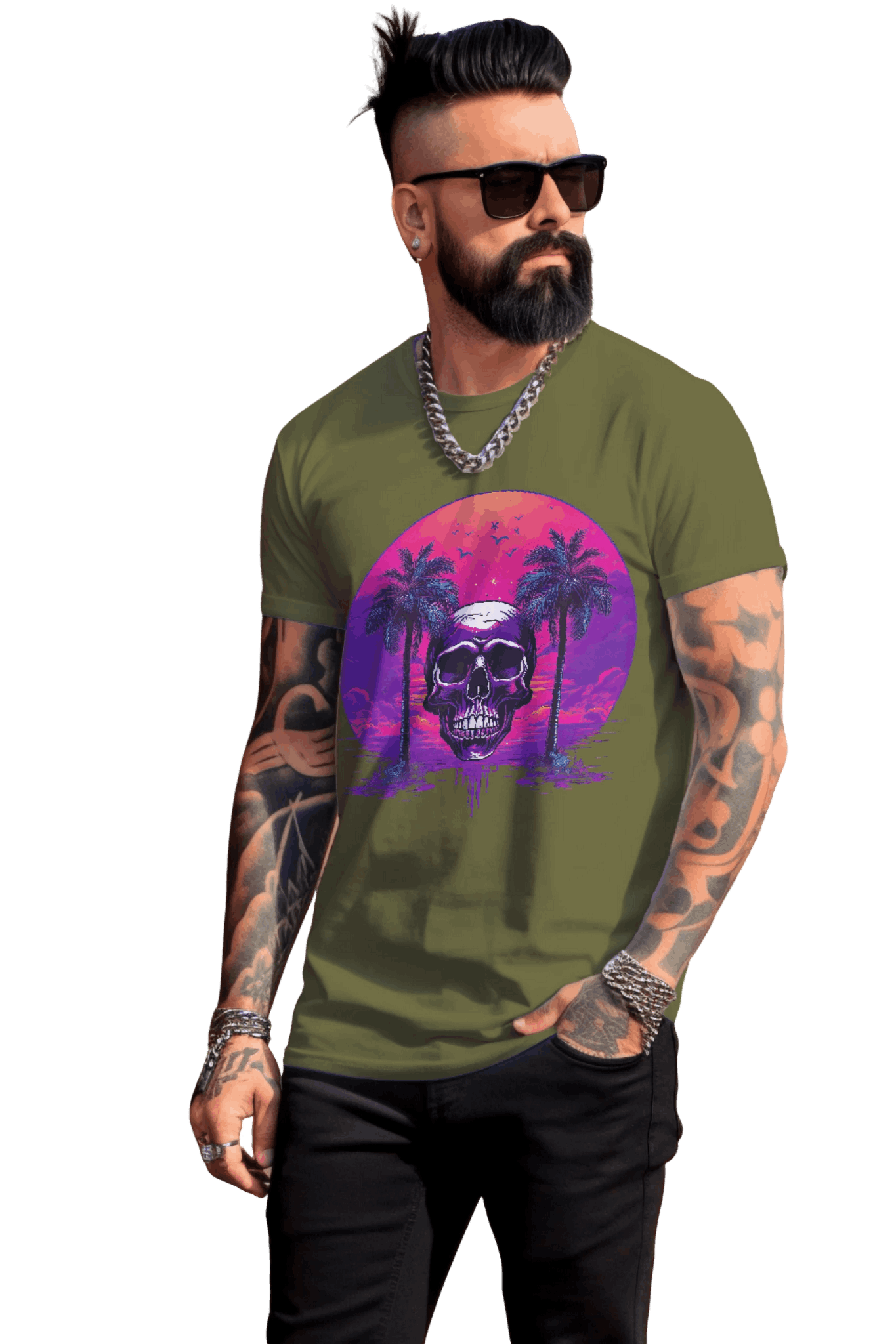 Empowering Skull Sunset T-Shirt Embracing Life and Mortality Olive