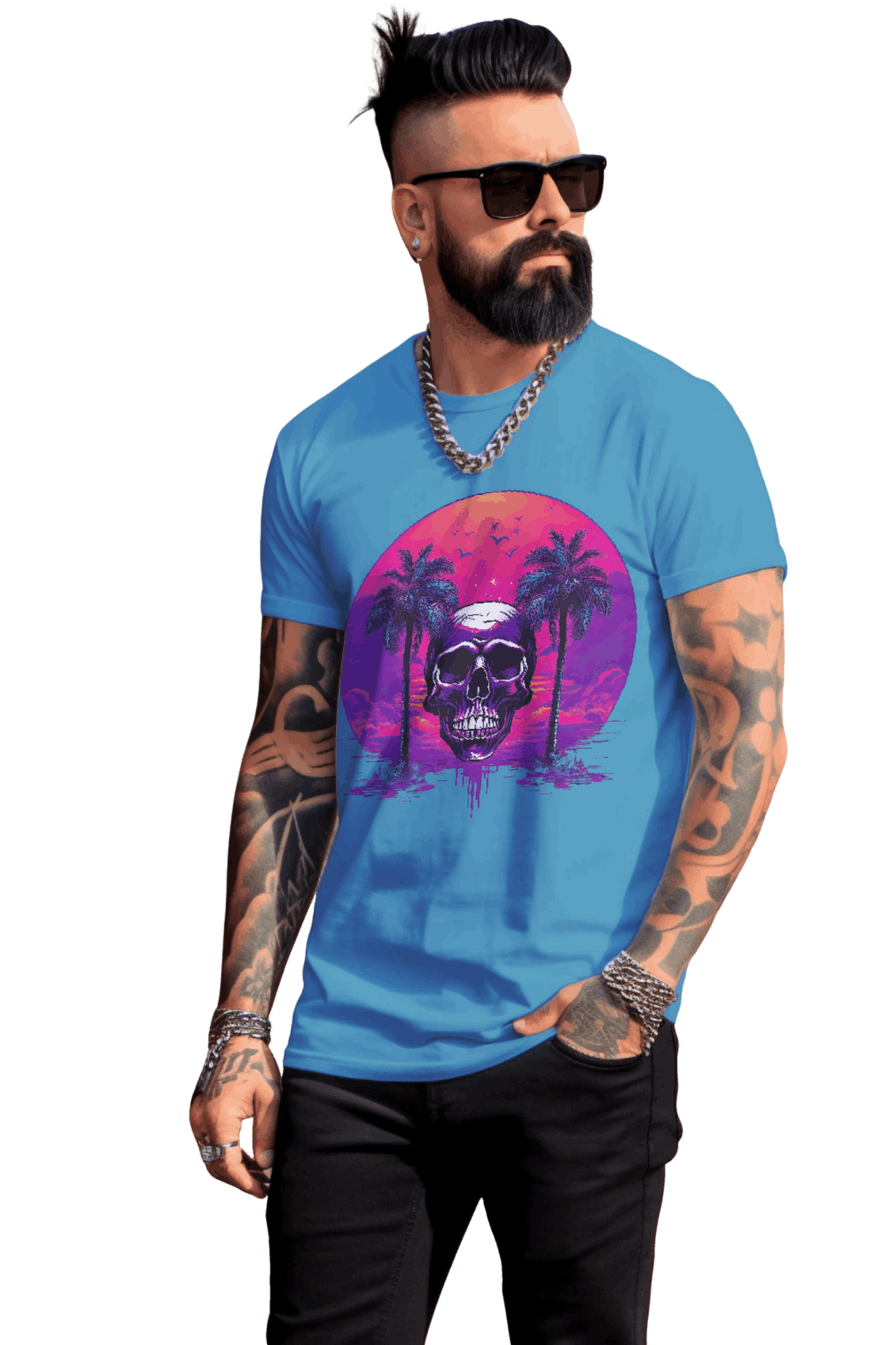 Empowering Skull Sunset T-Shirt Embracing Life and Mortality Aqua