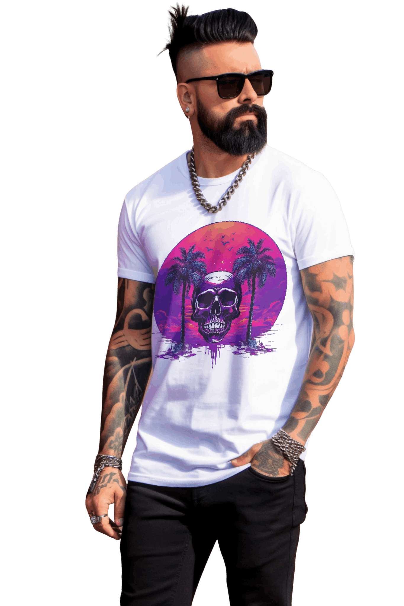 Empowering Skull Sunset T-Shirt Embracing Life and Mortality White