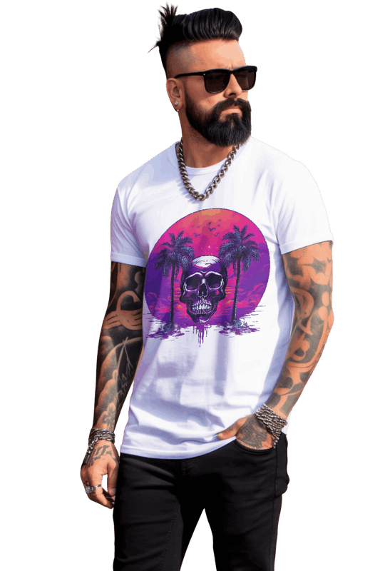 Empowering Skull Sunset T-Shirt Embracing Life and Mortality White