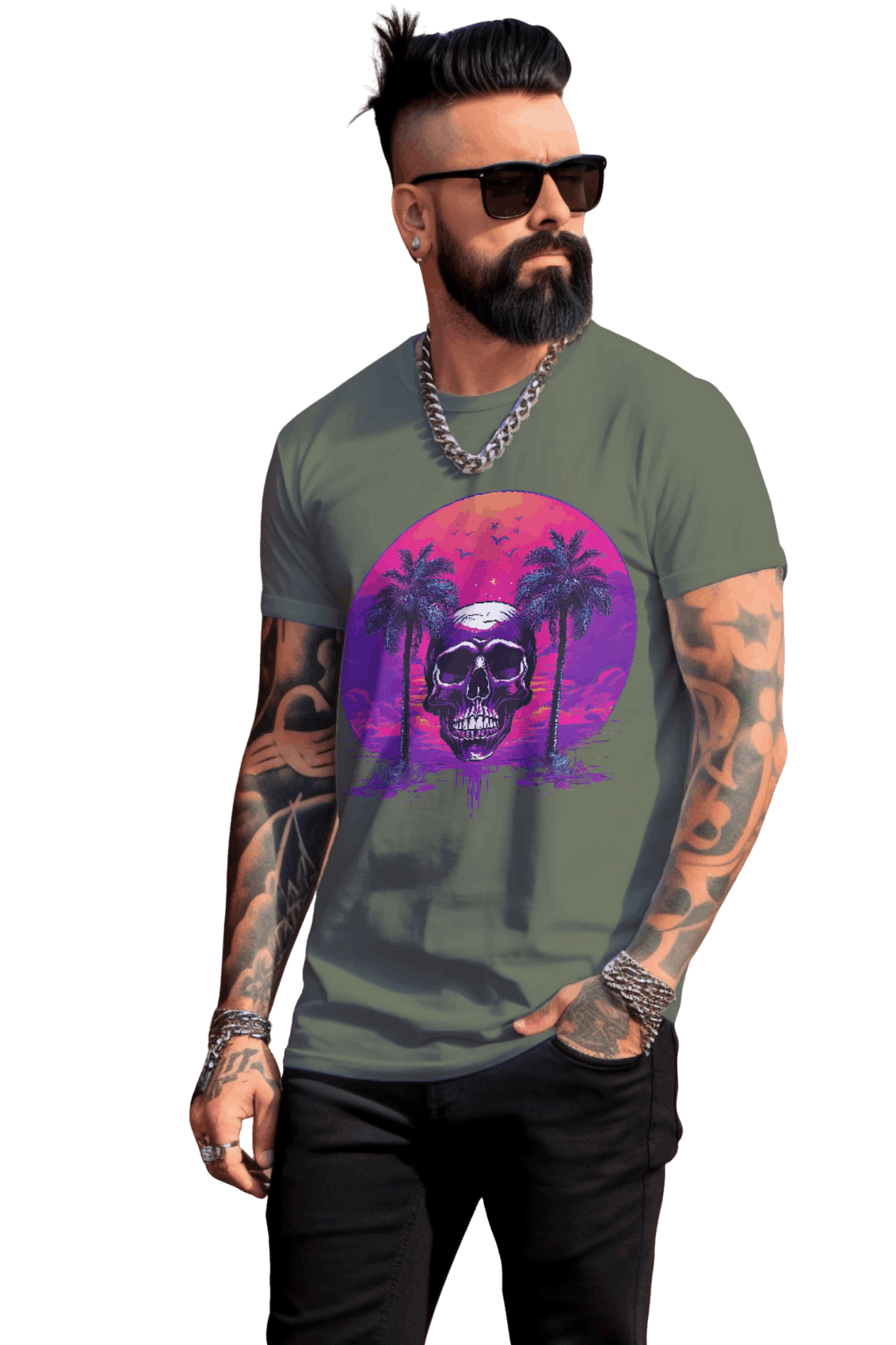 Empowering Skull Sunset T-Shirt Embracing Life and Mortality Military Green