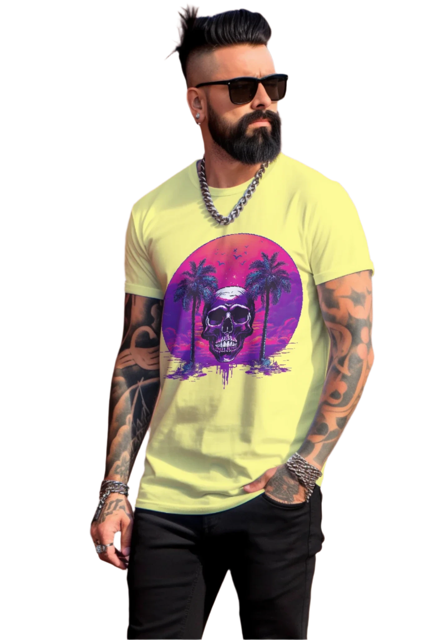 Empowering Skull Sunset T-Shirt Embracing Life and Mortality Yellow