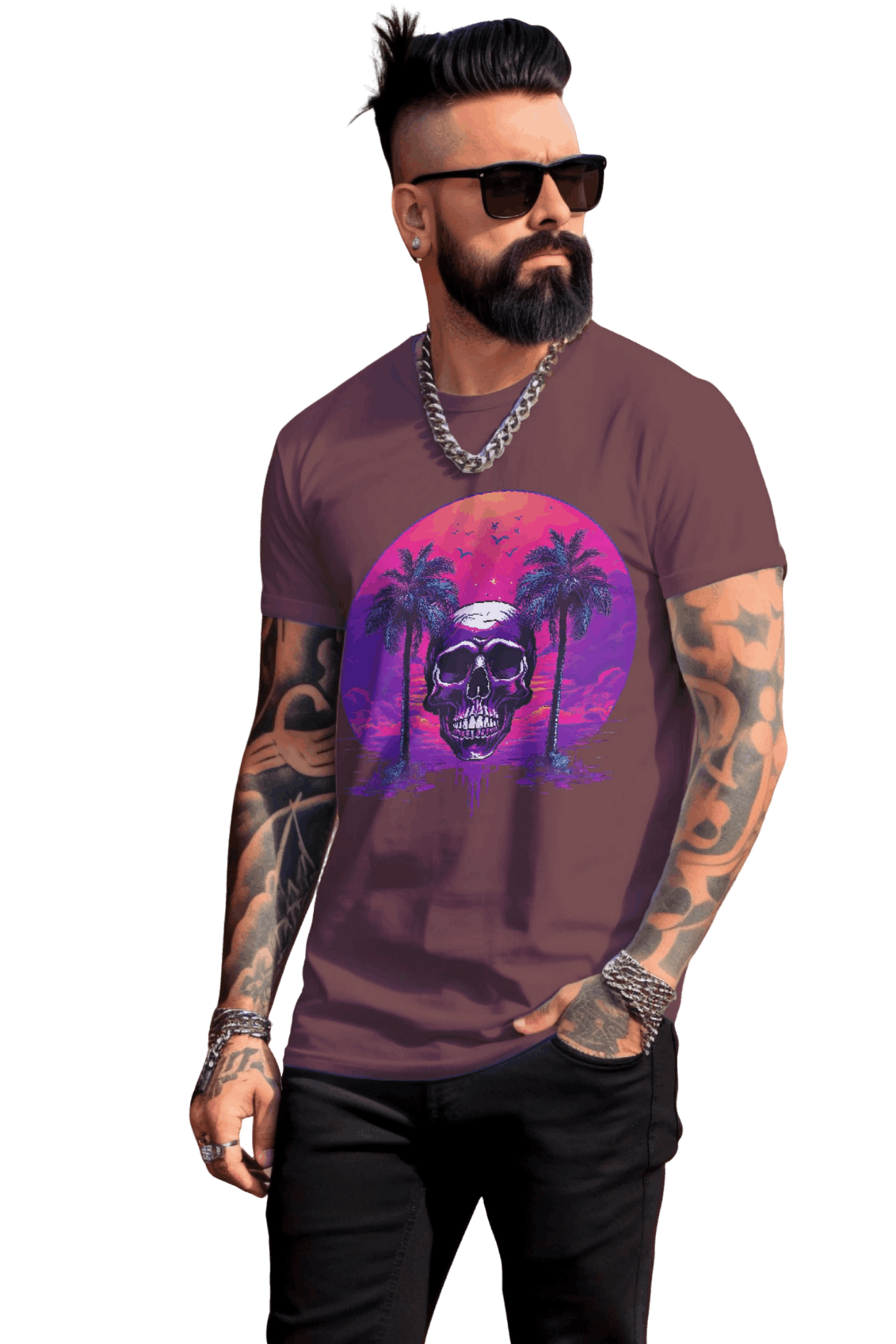 Empowering Skull Sunset T-Shirt Embracing Life and Mortality Maroon