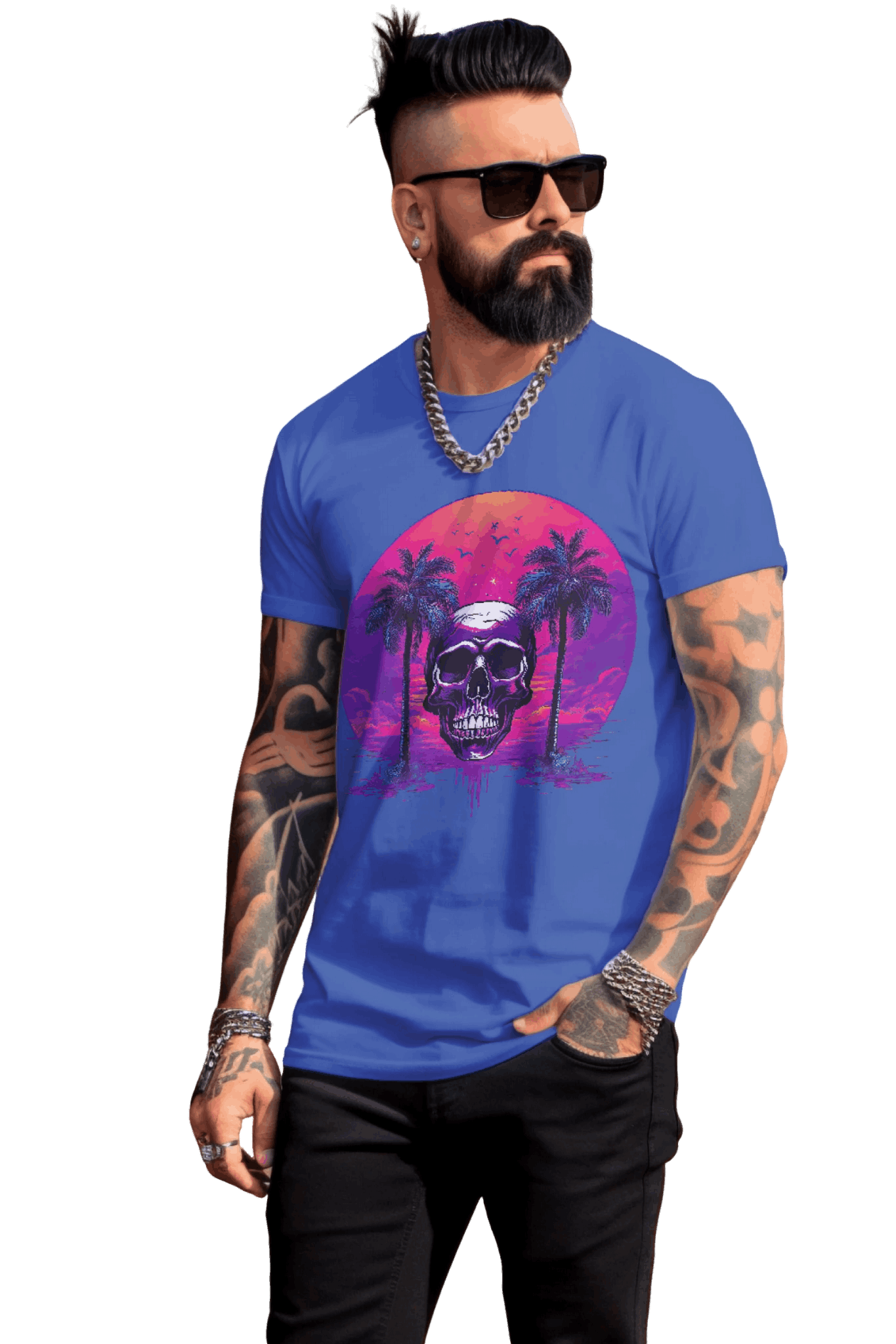 Empowering Skull Sunset T-Shirt Embracing Life and Mortality True Royal