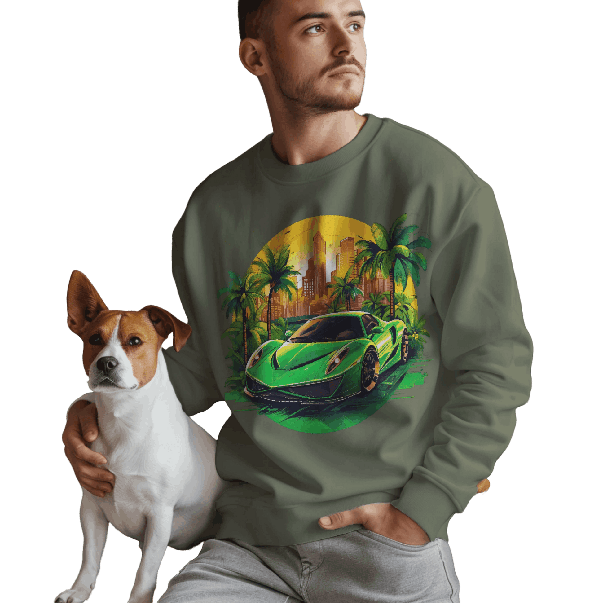 Sleek Green Sports Car Sweatshirt for Stylish Eco-Friendly Fashion Military Green