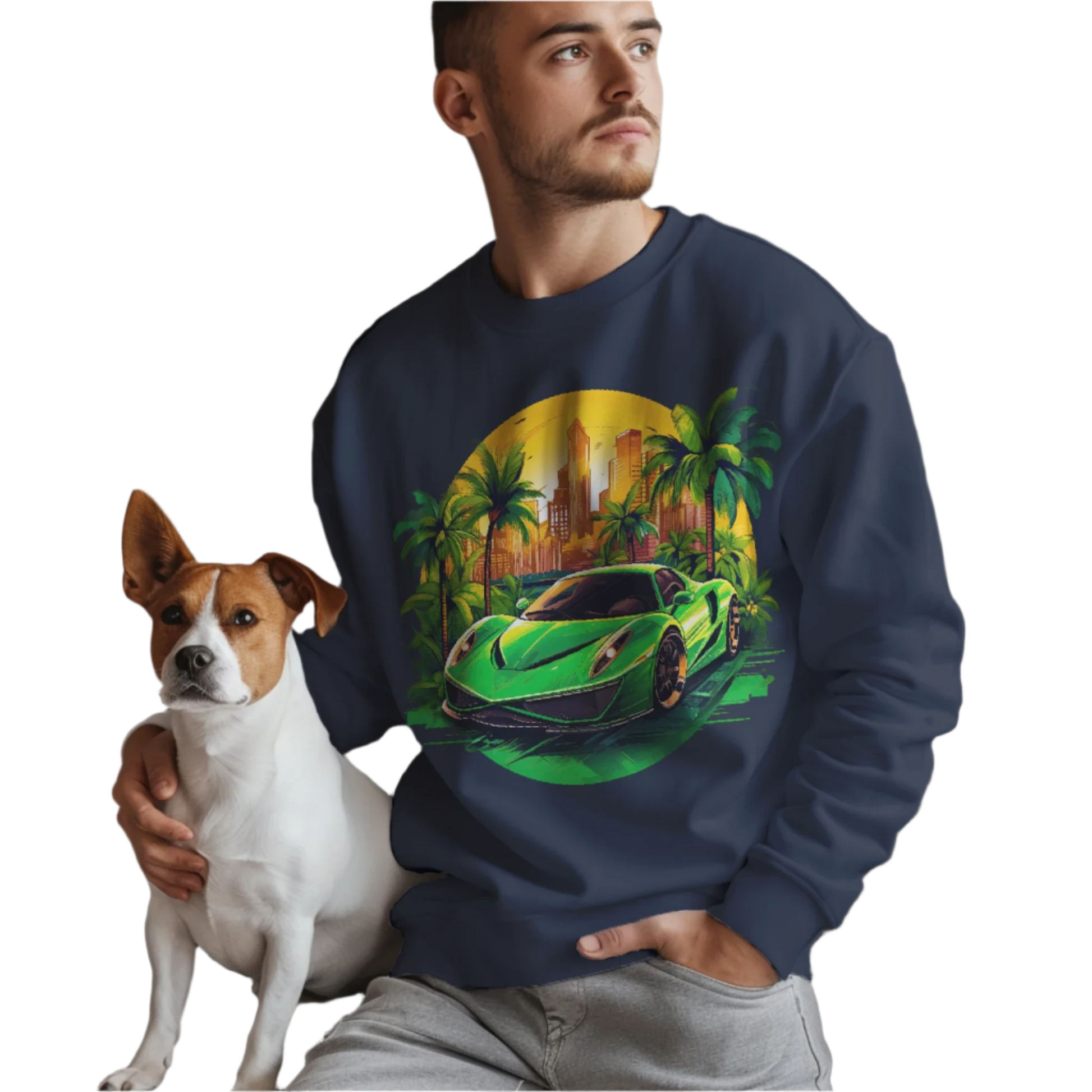 Sleek Green Sports Car Sweatshirt for Stylish Eco-Friendly Fashion Navy