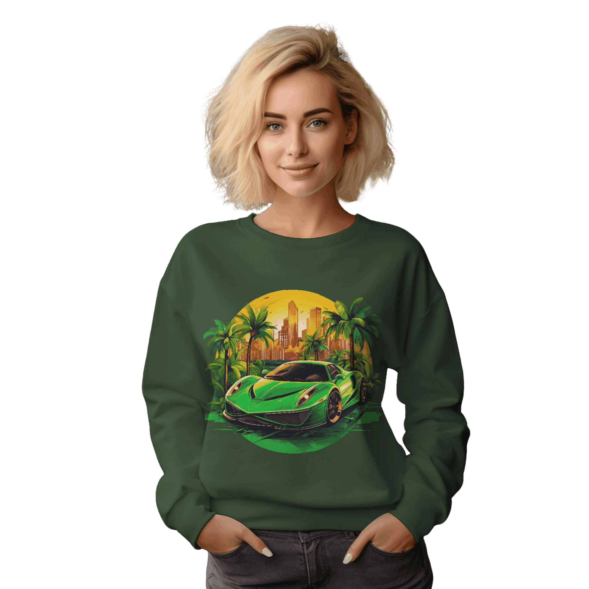 Sleek Green Sports Car Sweatshirt for Stylish Eco-Friendly Fashion