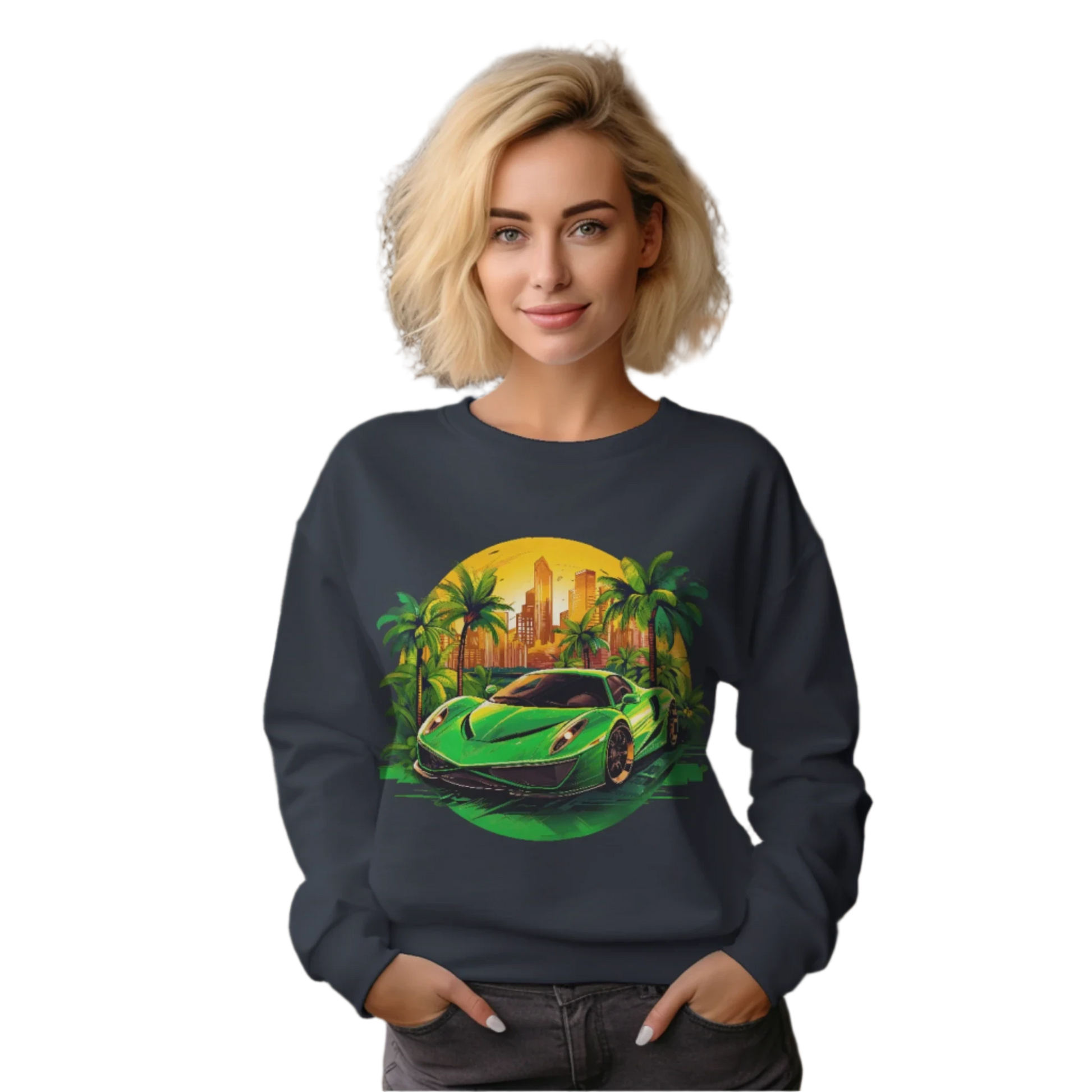 Sleek Green Sports Car Sweatshirt for Stylish Eco-Friendly Fashion