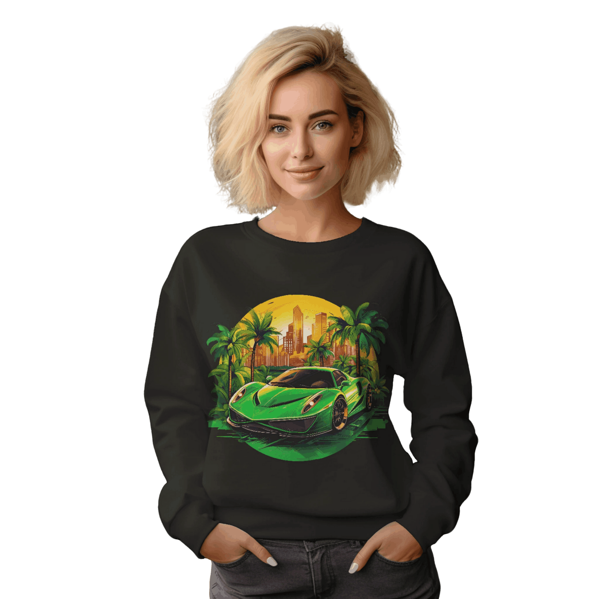 Sleek Green Sports Car Sweatshirt for Stylish Eco-Friendly Fashion