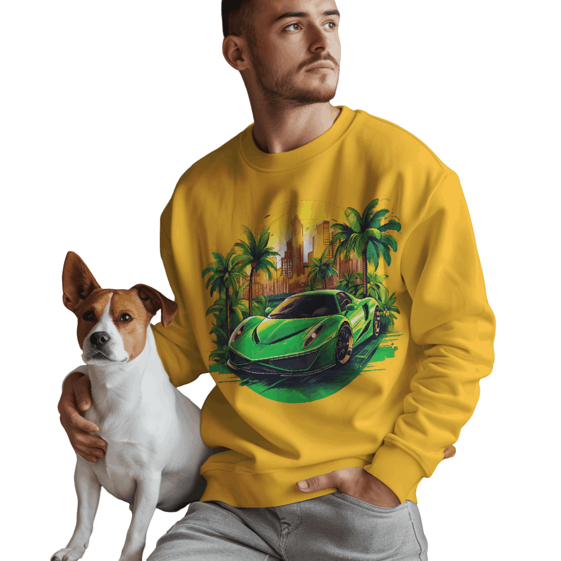 Sleek Green Sports Car Sweatshirt for Stylish Eco-Friendly Fashion Gold