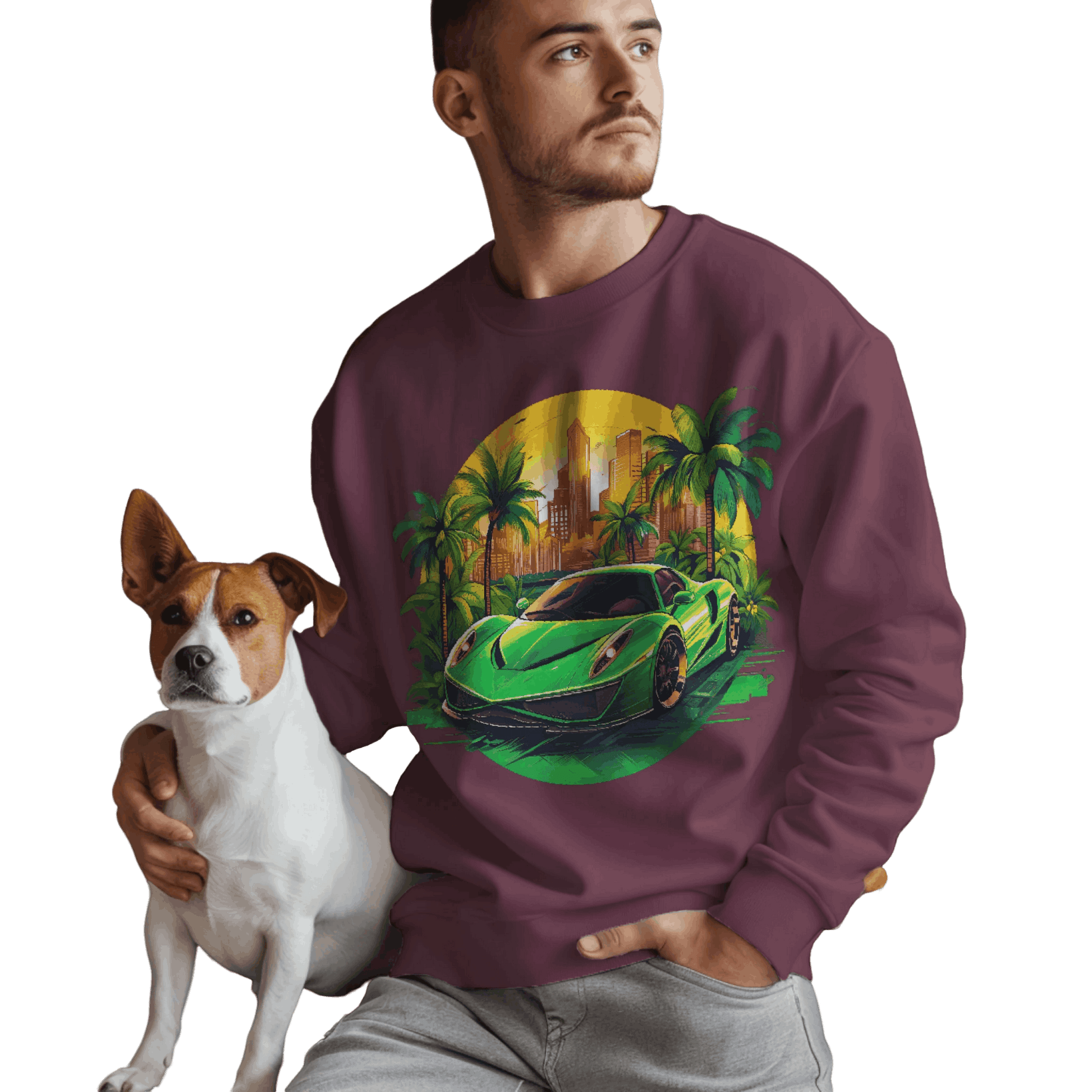 Sleek Green Sports Car Sweatshirt for Stylish Eco-Friendly Fashion Maroon