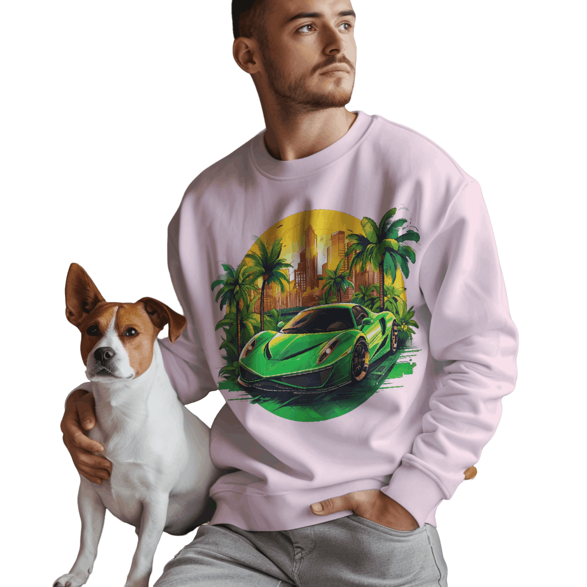 Sleek Green Sports Car Sweatshirt for Stylish Eco-Friendly Fashion Light Pink