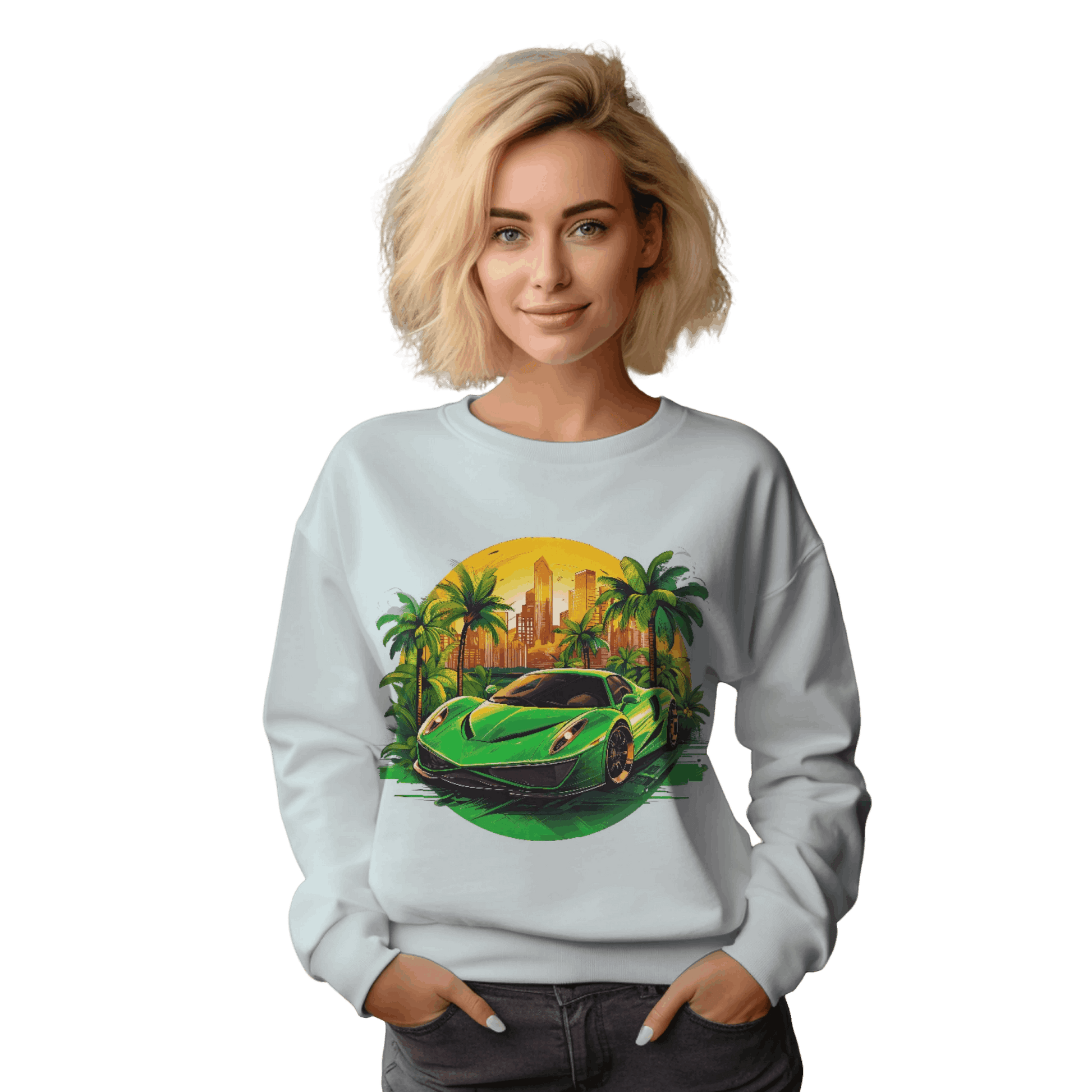 Sleek Green Sports Car Sweatshirt for Stylish Eco-Friendly Fashion