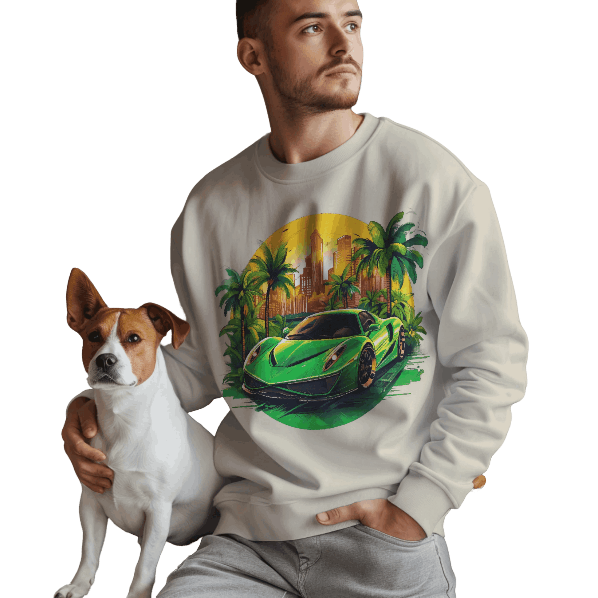 Sleek Green Sports Car Sweatshirt for Stylish Eco-Friendly Fashion Sand