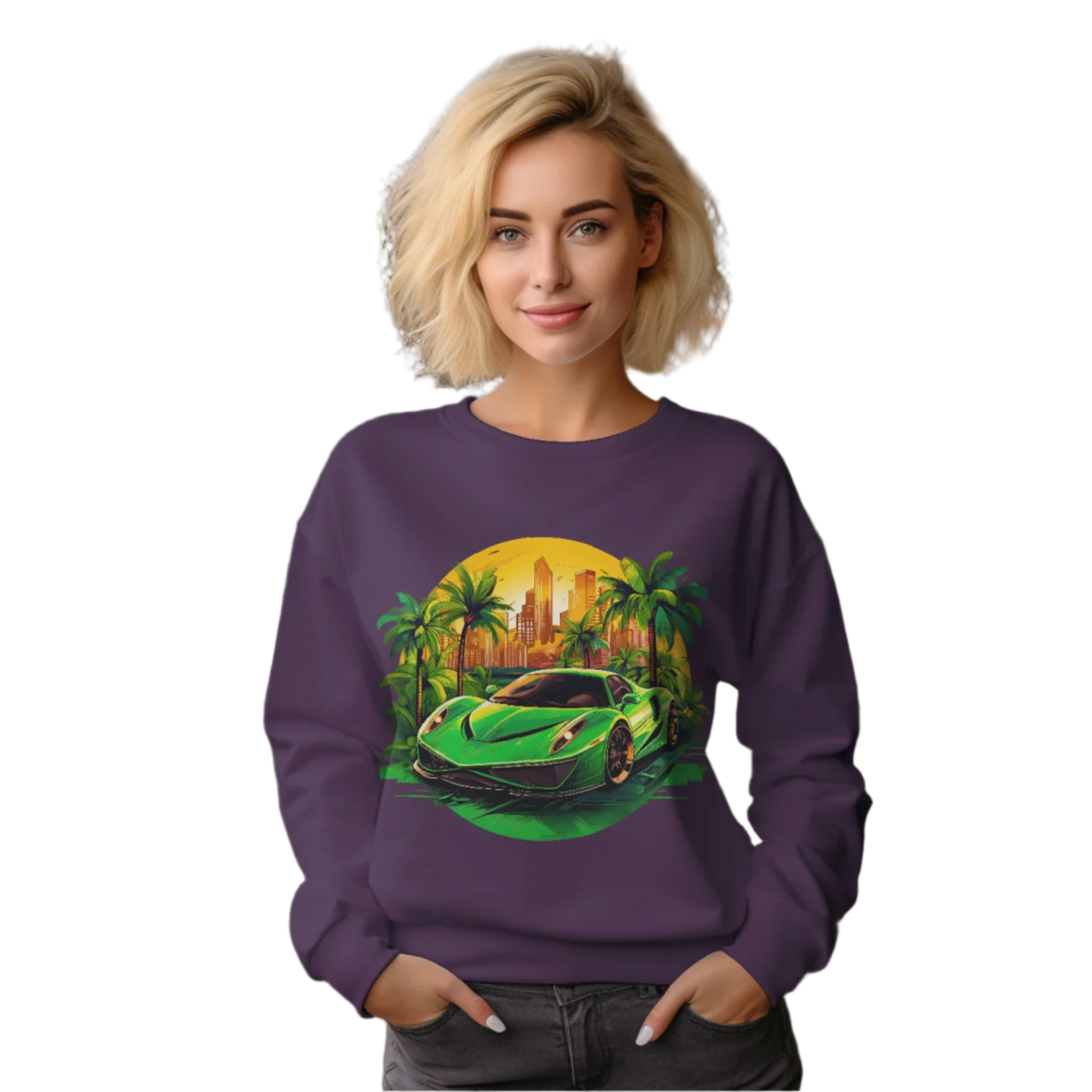 Sleek Green Sports Car Sweatshirt for Stylish Eco-Friendly Fashion