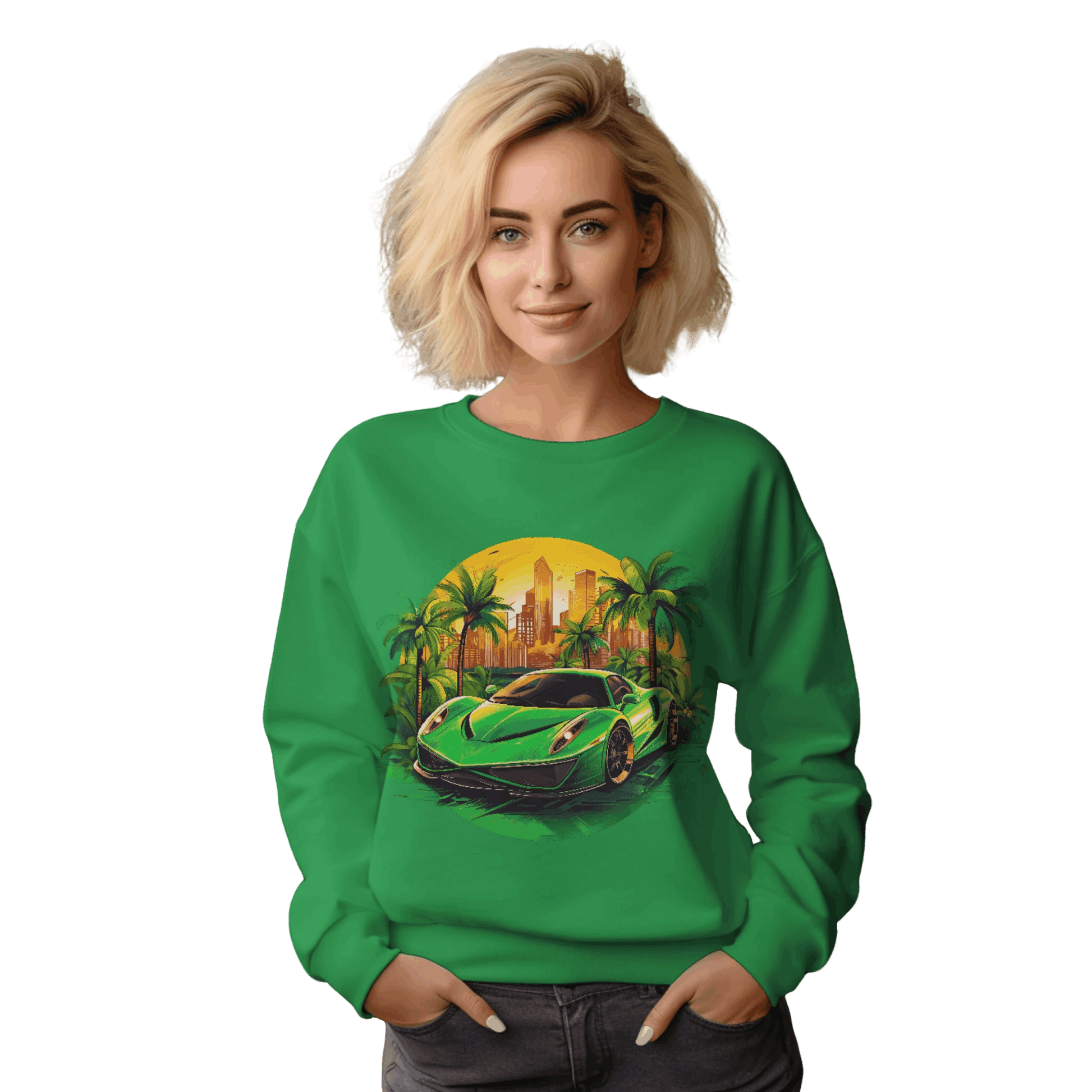 Sleek Green Sports Car Sweatshirt for Stylish Eco-Friendly Fashion