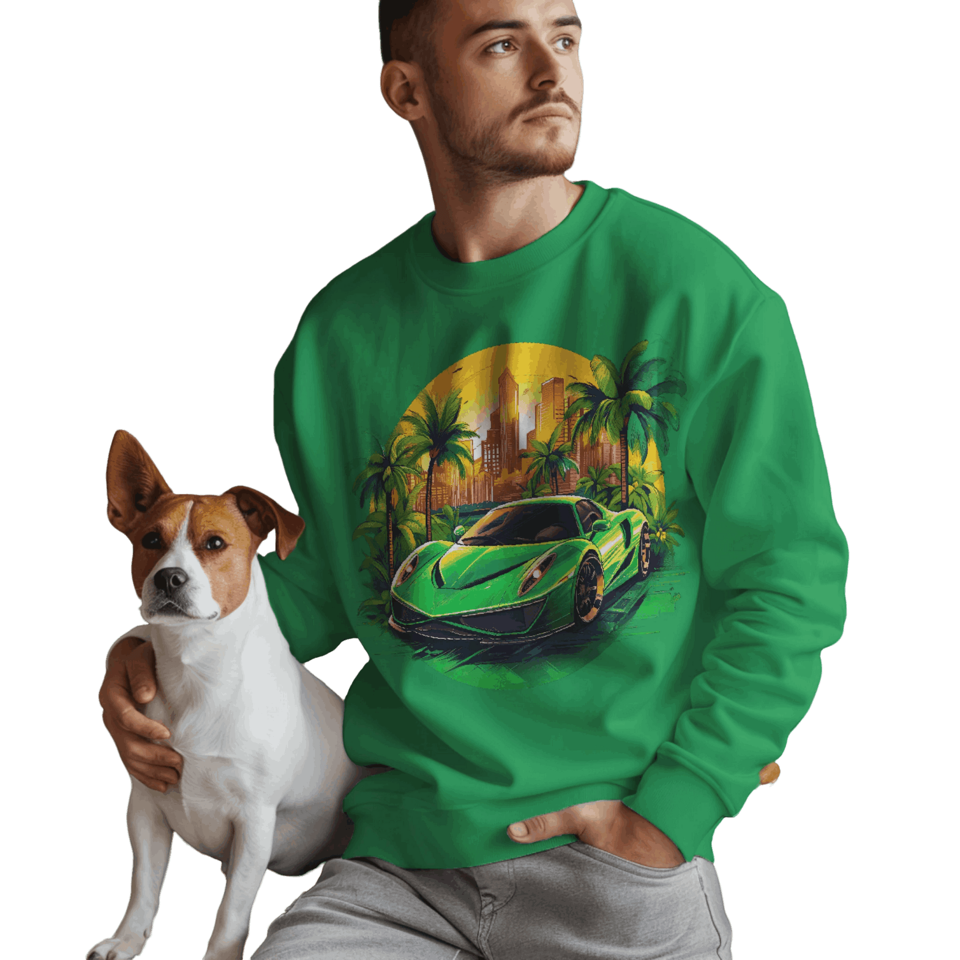 Sleek Green Sports Car Sweatshirt for Stylish Eco-Friendly Fashion Irish Green