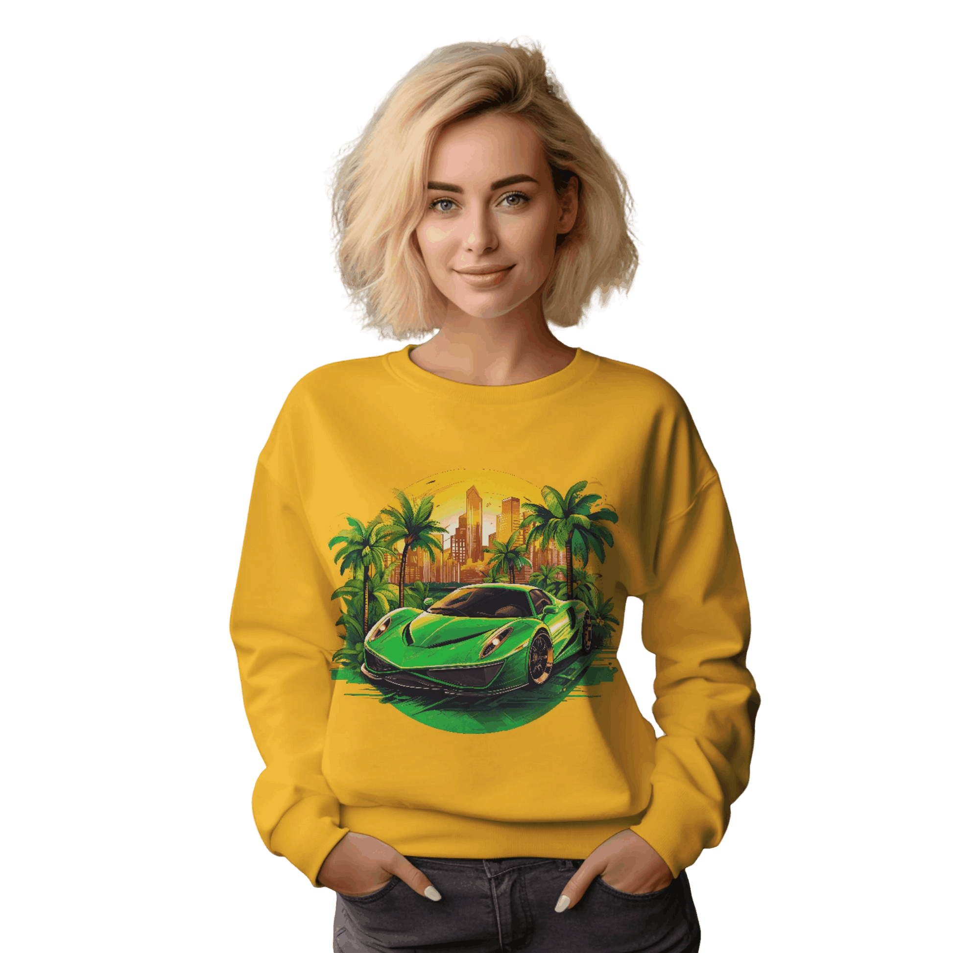 Sleek Green Sports Car Sweatshirt for Stylish Eco-Friendly Fashion