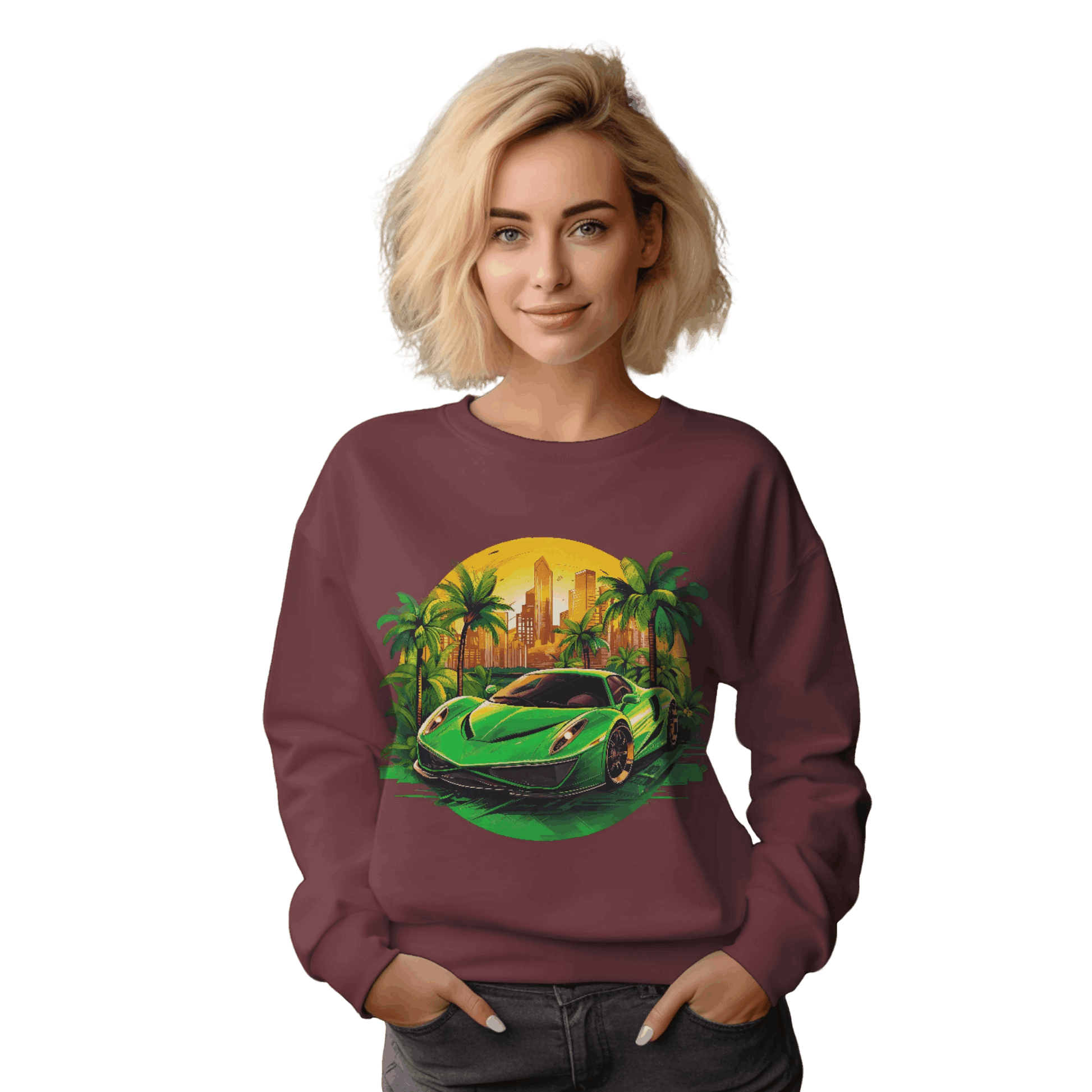 Sleek Green Sports Car Sweatshirt for Stylish Eco-Friendly Fashion