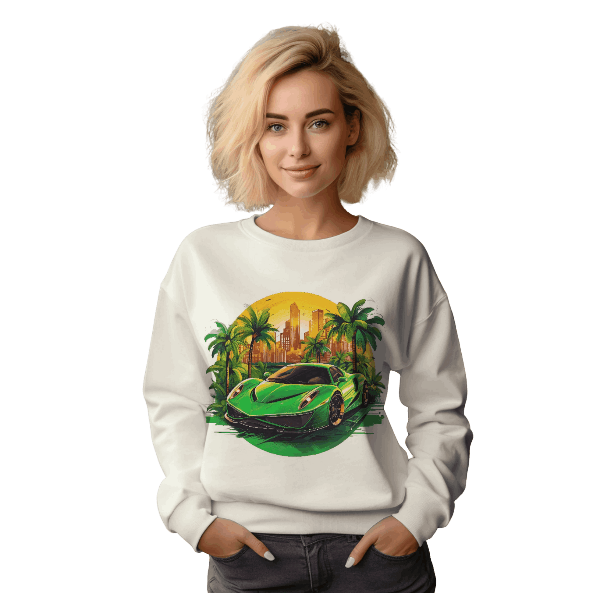 Sleek Green Sports Car Sweatshirt for Stylish Eco-Friendly Fashion