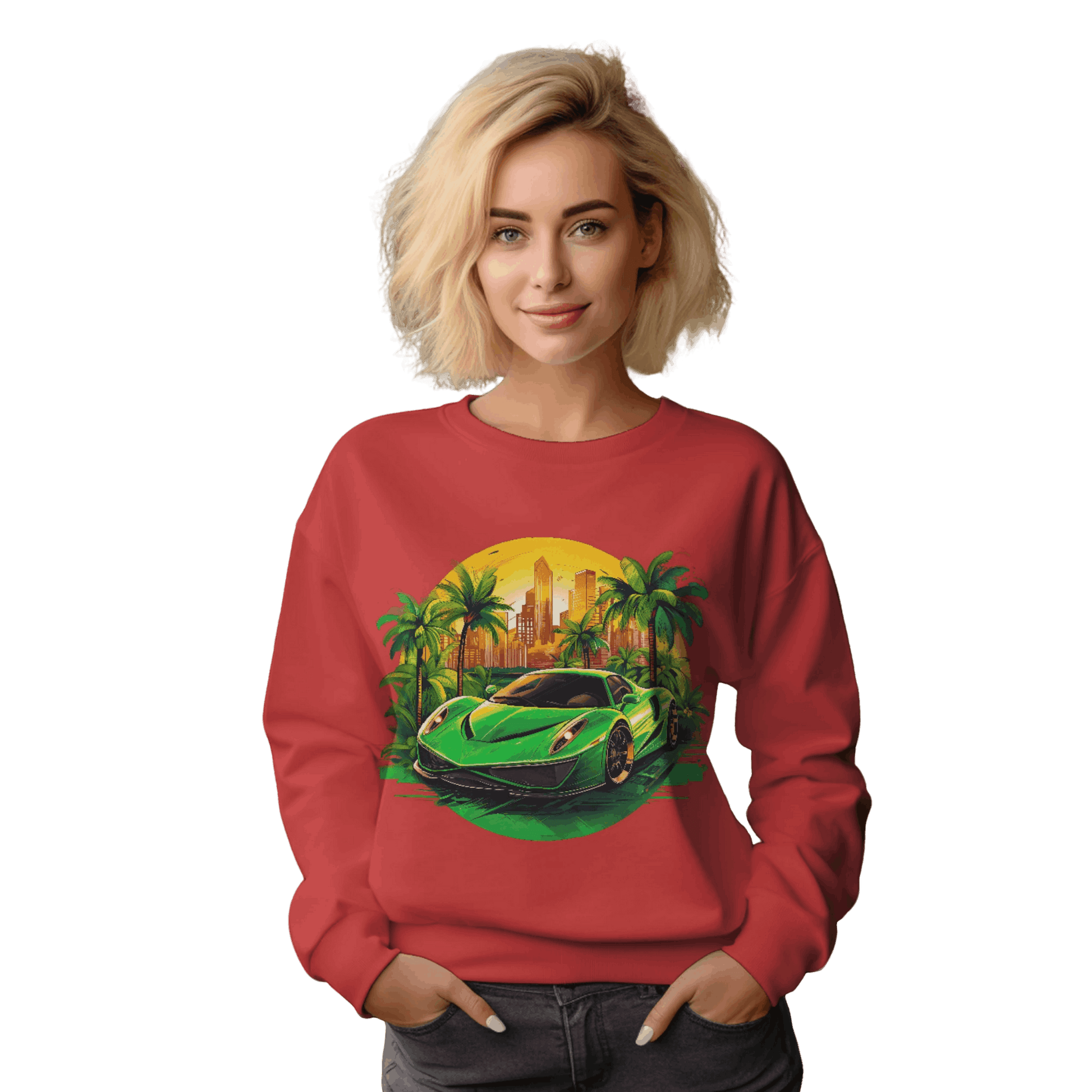 Sleek Green Sports Car Sweatshirt for Stylish Eco-Friendly Fashion