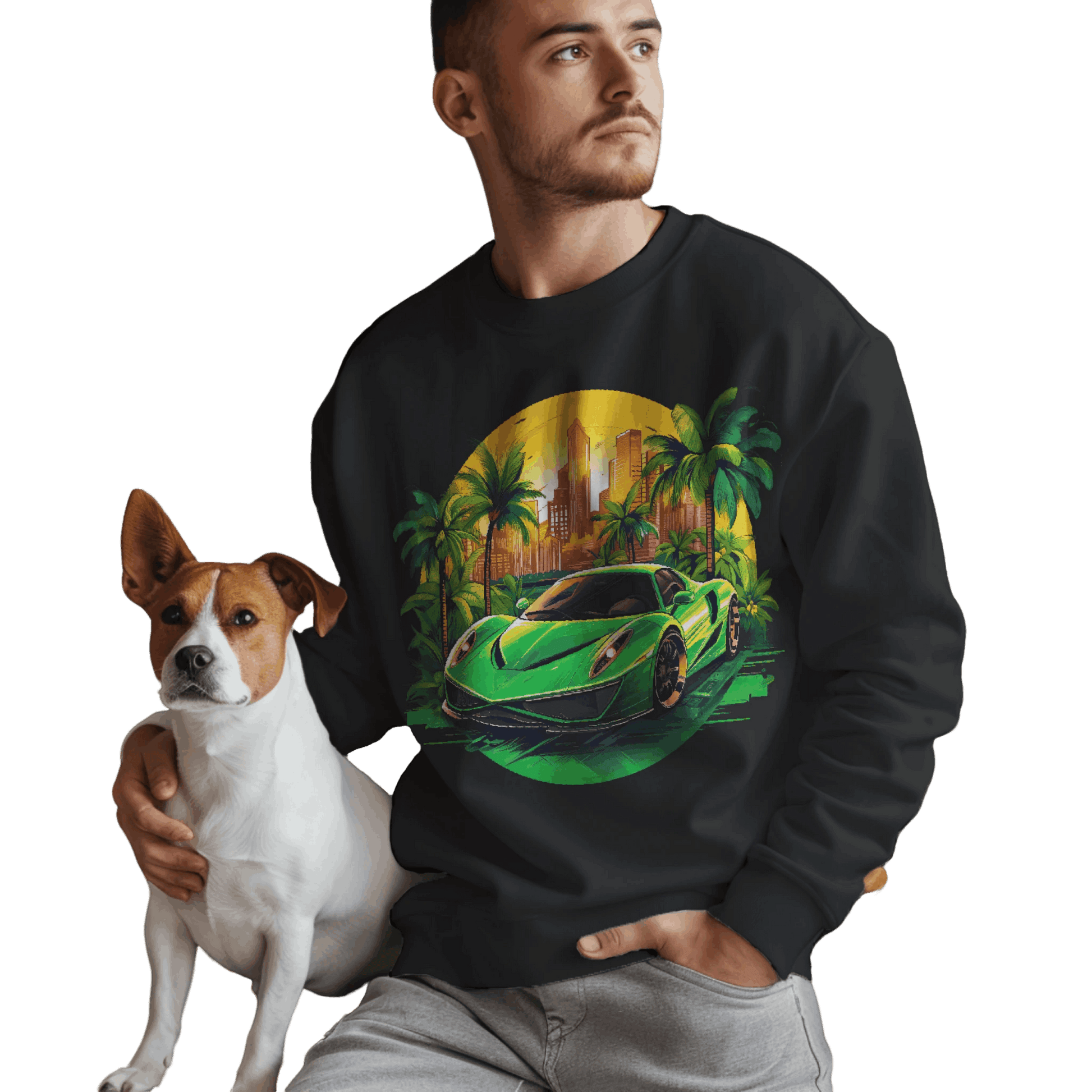 Sleek Green Sports Car Sweatshirt for Stylish Eco-Friendly Fashion Black