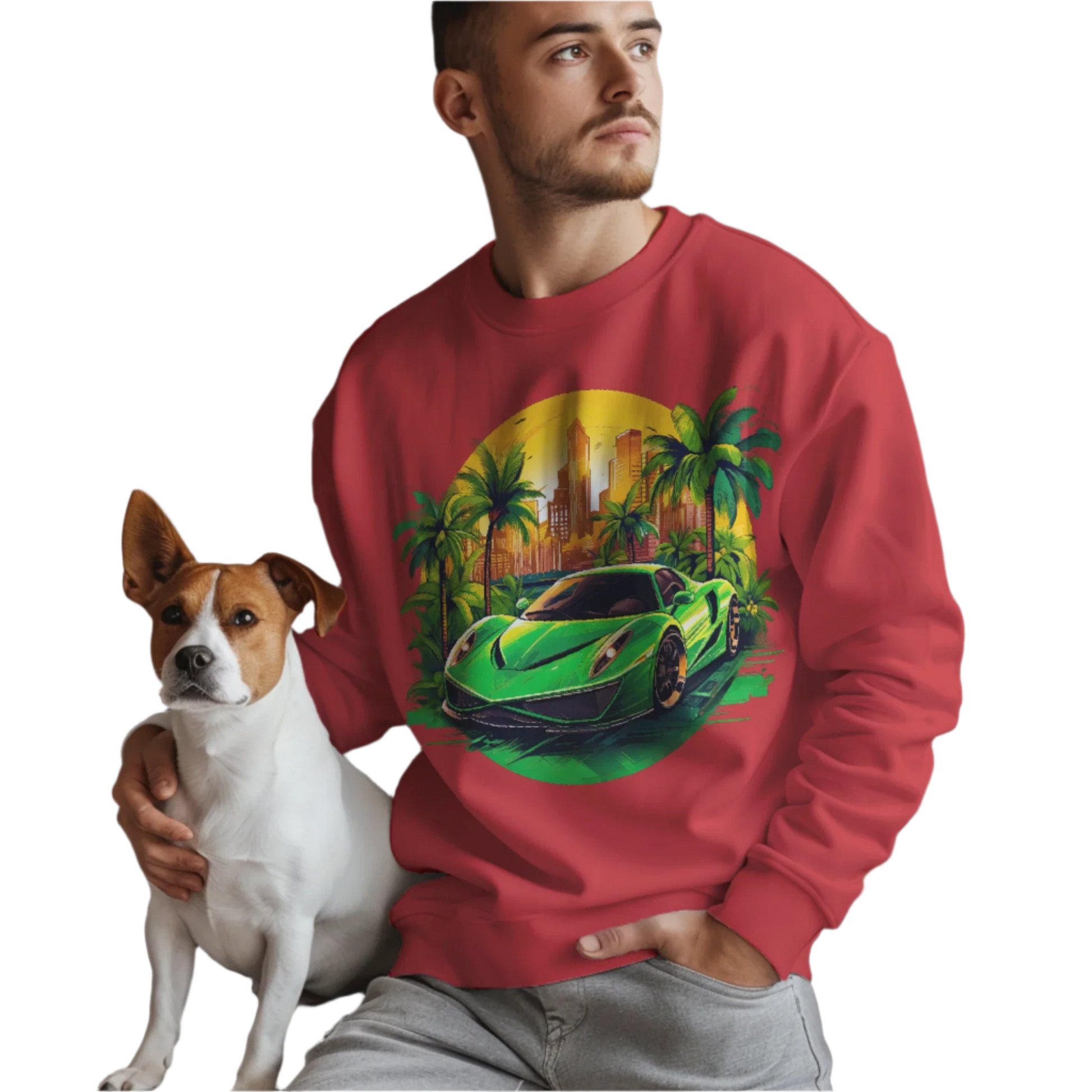 Sleek Green Sports Car Sweatshirt for Stylish Eco-Friendly Fashion Red