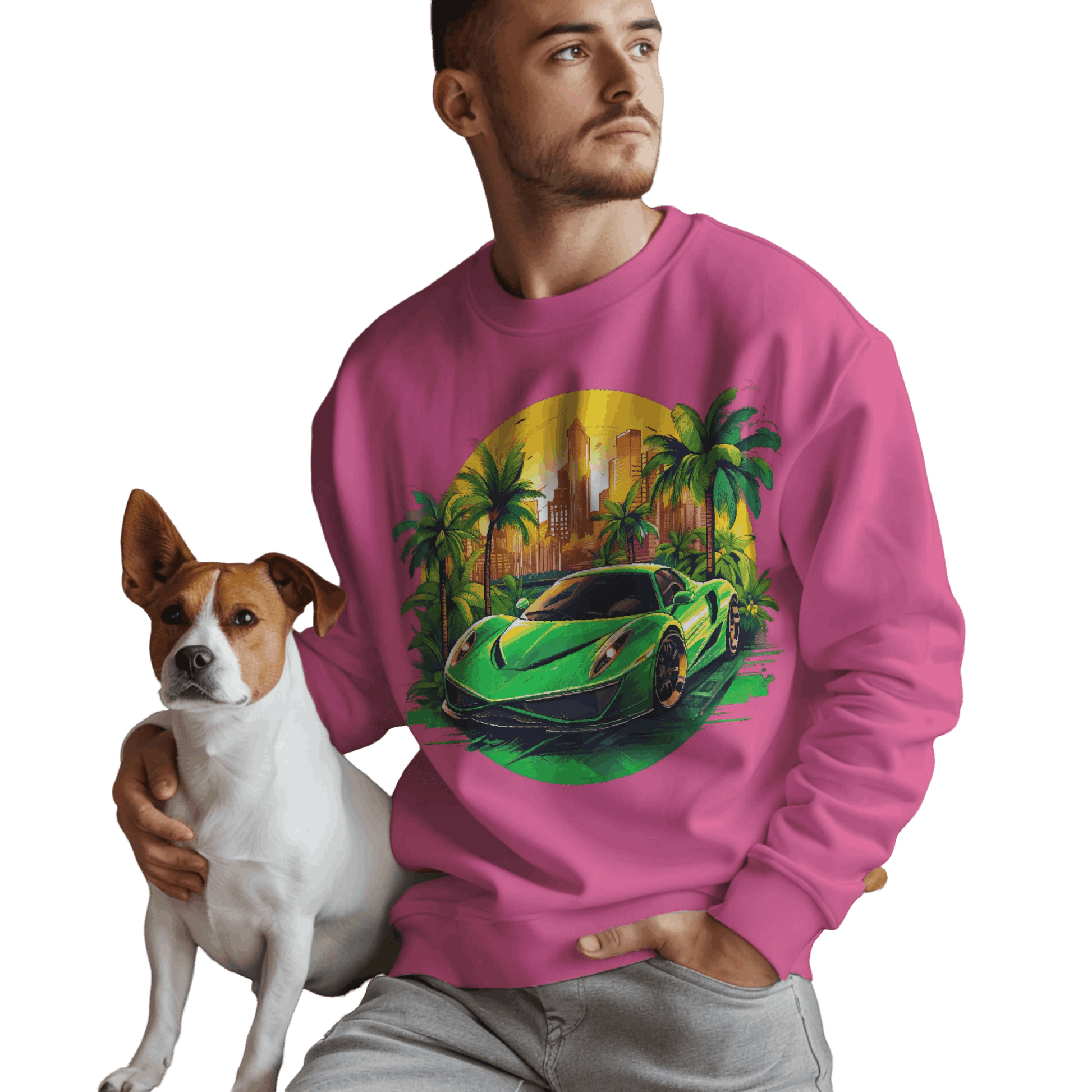 Sleek Green Sports Car Sweatshirt for Stylish Eco-Friendly Fashion Heliconia