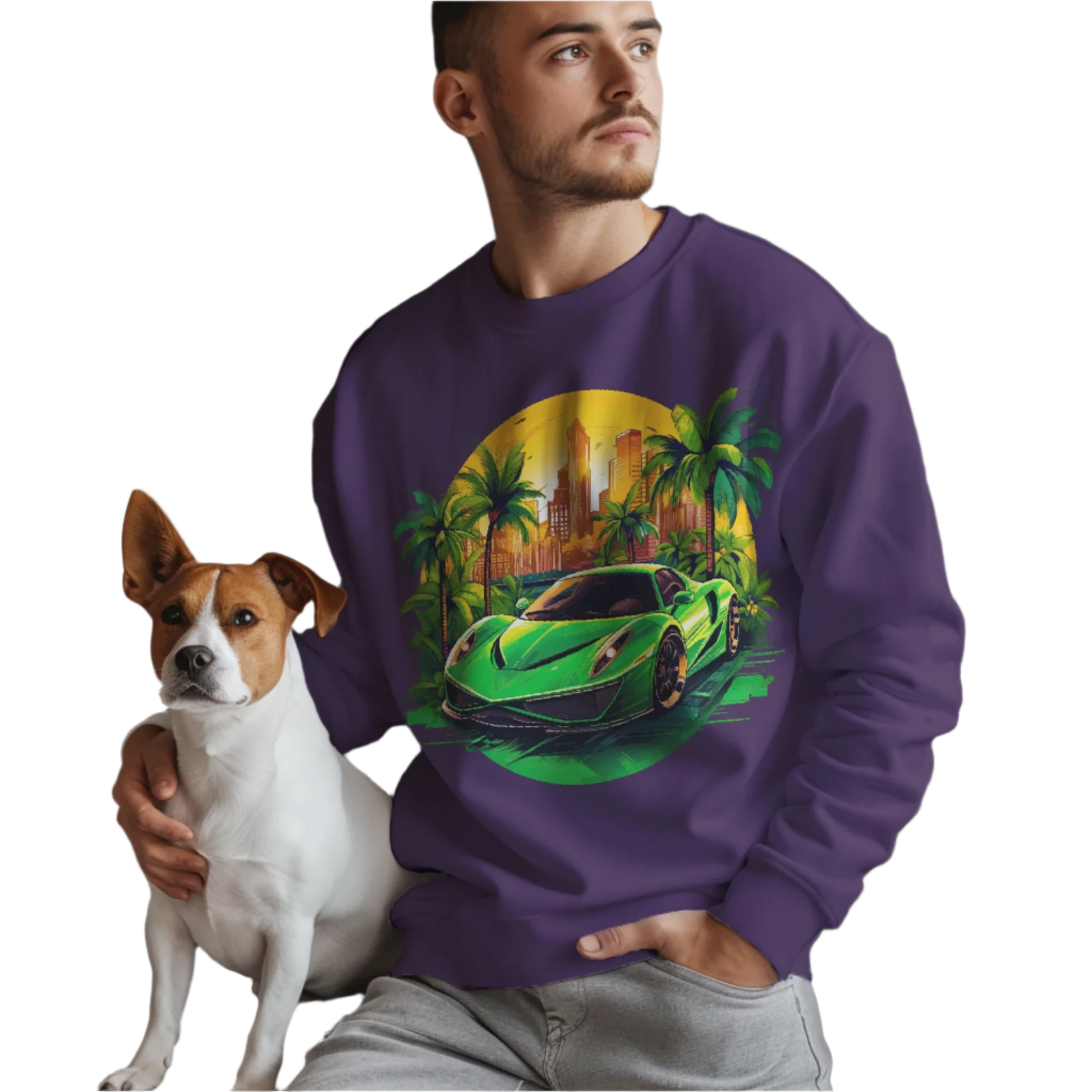 Sleek Green Sports Car Sweatshirt for Stylish Eco-Friendly Fashion Purple