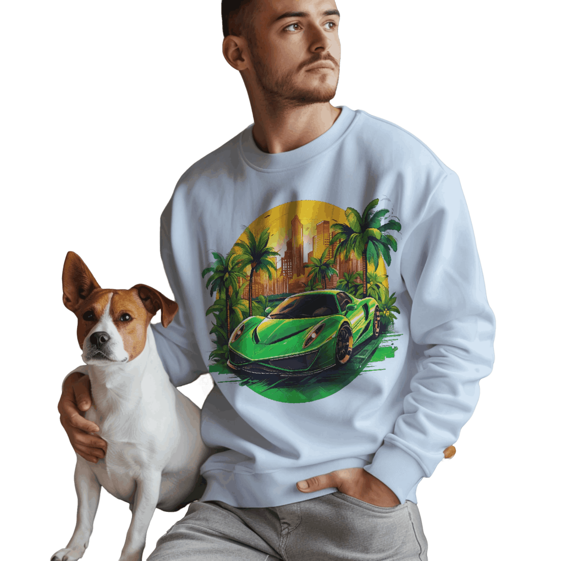 Sleek Green Sports Car Sweatshirt for Stylish Eco-Friendly Fashion Light Blue