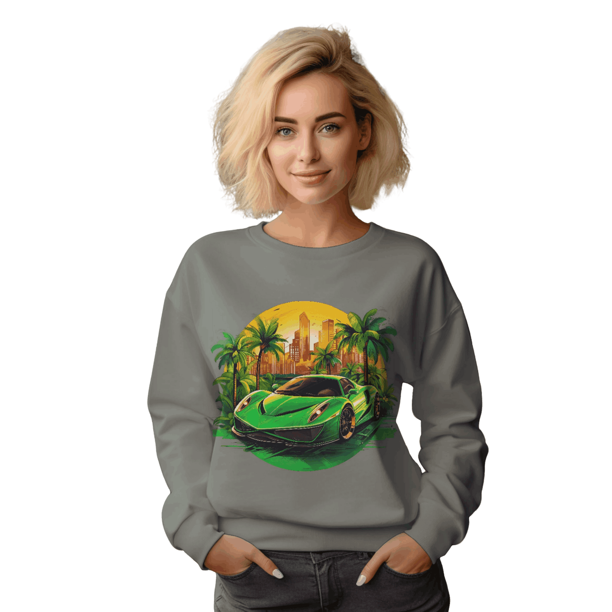 Sleek Green Sports Car Sweatshirt for Stylish Eco-Friendly Fashion