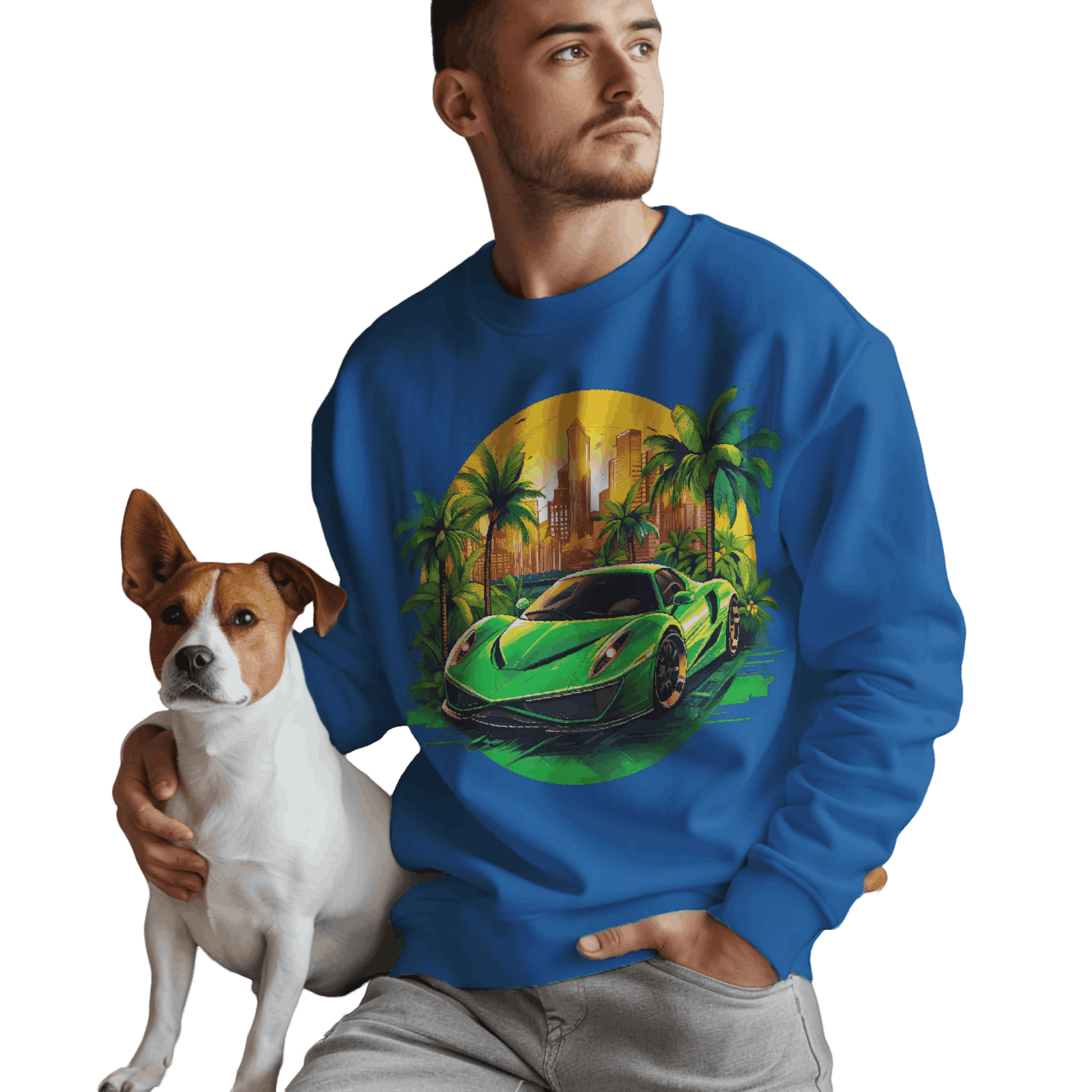 Sleek Green Sports Car Sweatshirt for Stylish Eco-Friendly Fashion Royal