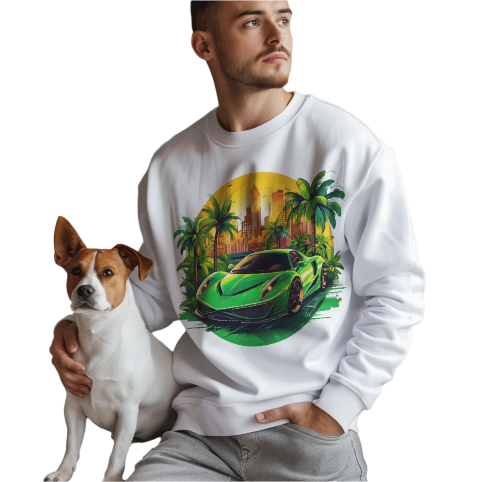 Sleek Green Sports Car Sweatshirt for Stylish Eco-Friendly Fashion White