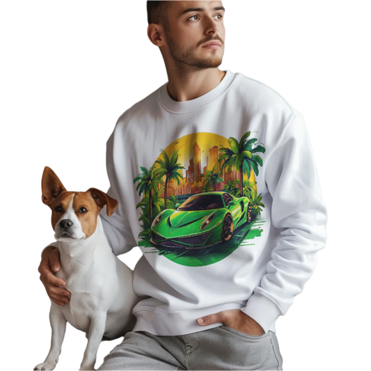 Sleek Green Sports Car Sweatshirt for Stylish Eco-Friendly Fashion White