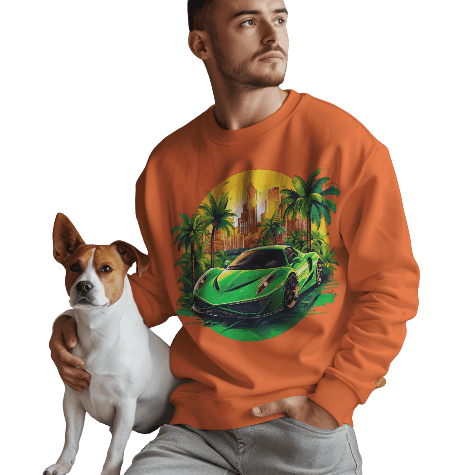 Sleek Green Sports Car Sweatshirt for Stylish Eco-Friendly Fashion Orange