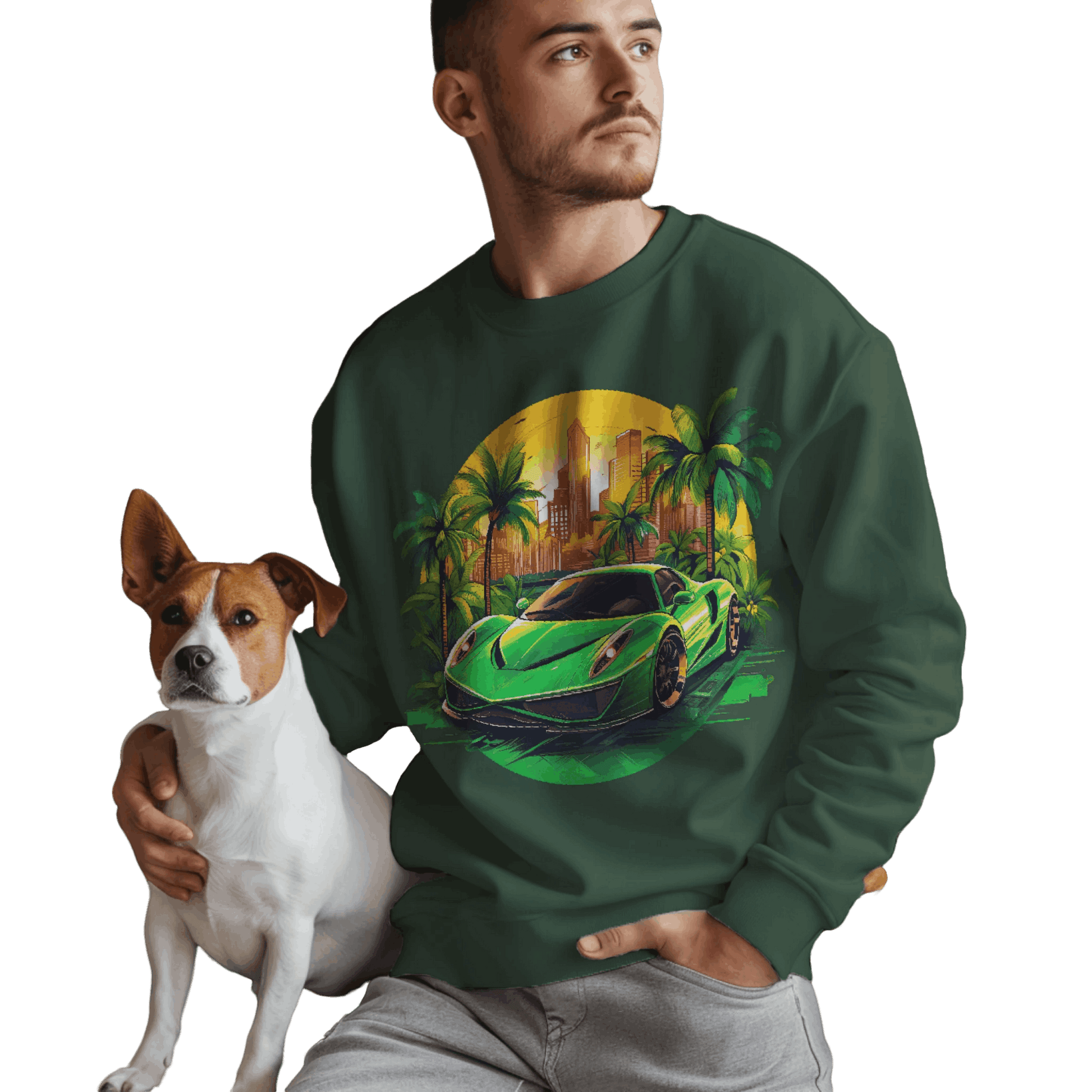 Sleek Green Sports Car Sweatshirt for Stylish Eco-Friendly Fashion Forest Green