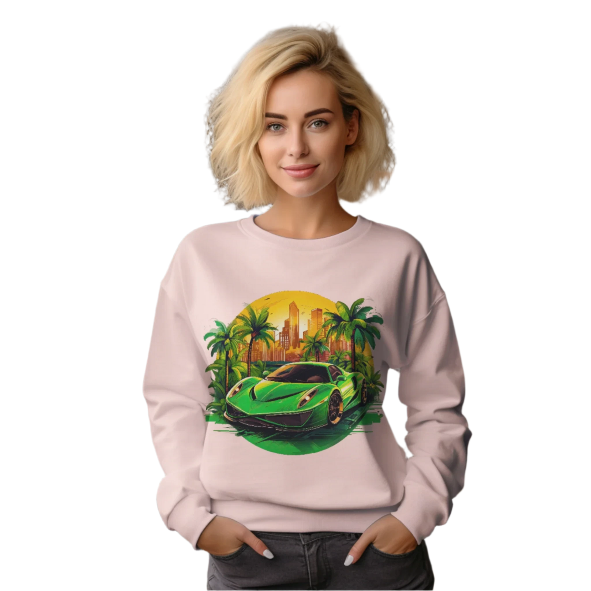 Sleek Green Sports Car Sweatshirt for Stylish Eco-Friendly Fashion