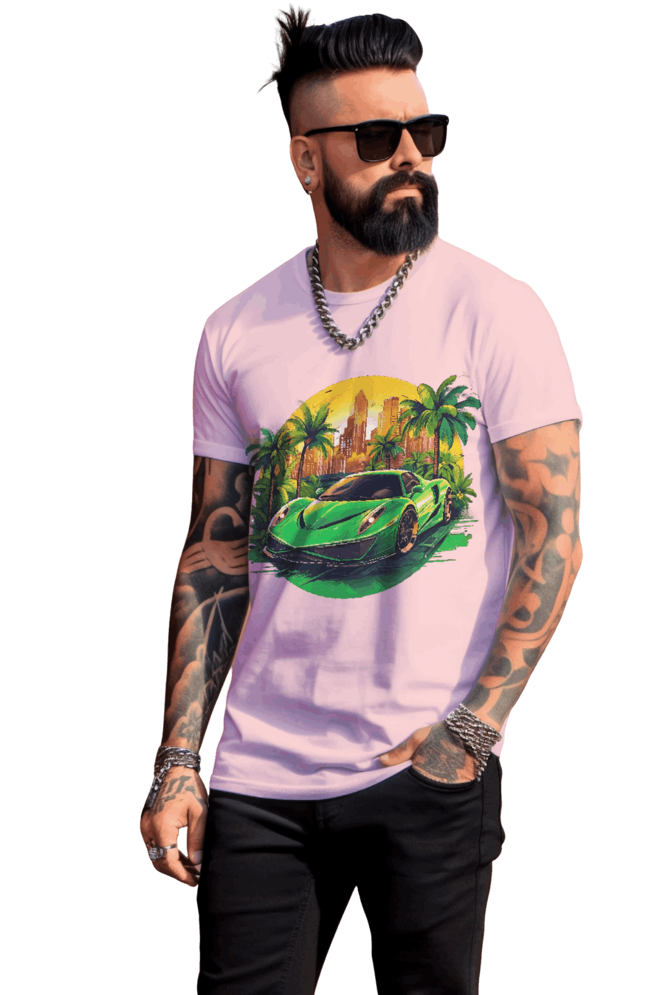 Sleek Green Sports Car T-Shirt for the Stylish Enthusiast Pink