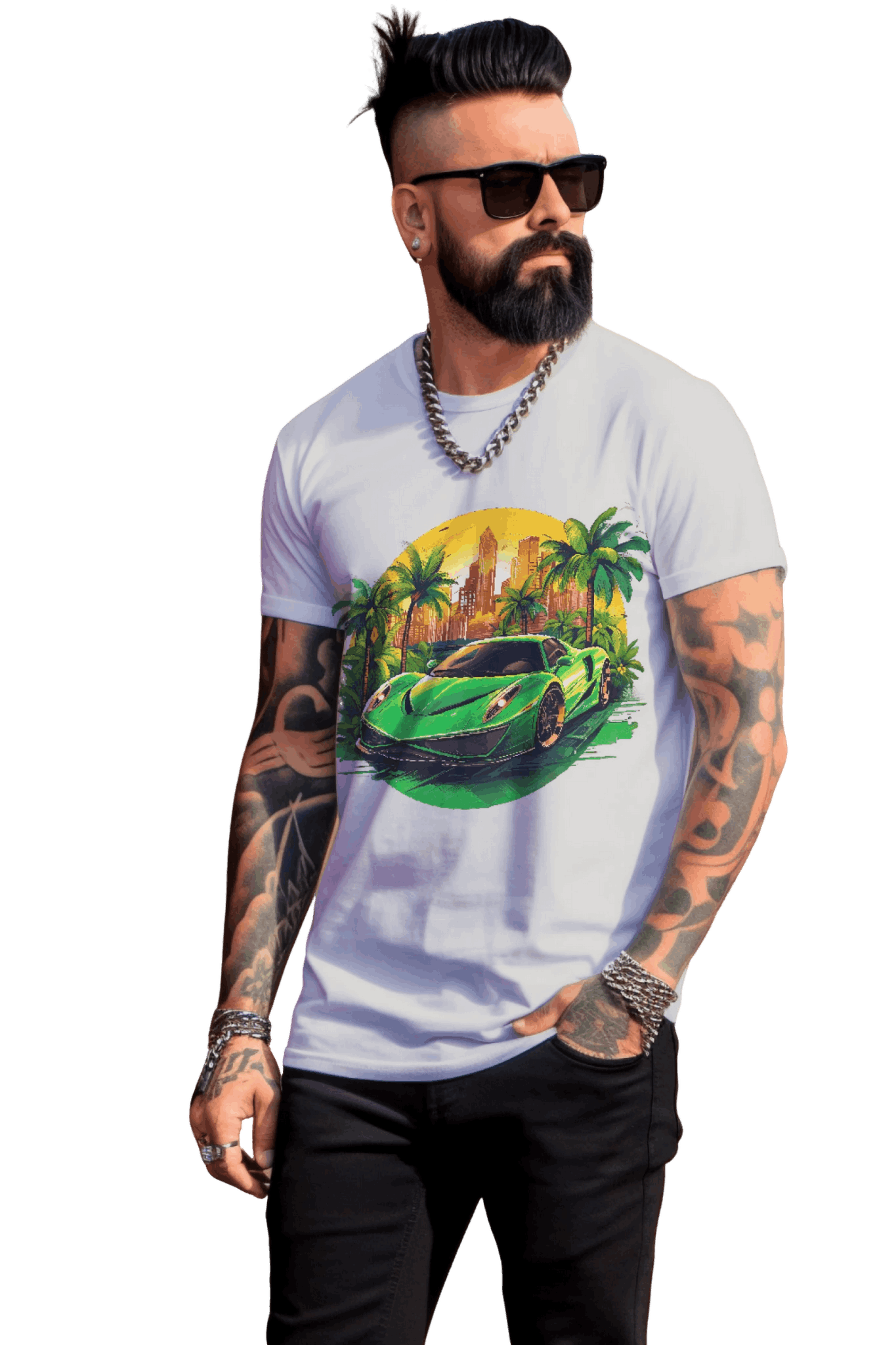 Sleek Green Sports Car T-Shirt for the Stylish Enthusiast Silver