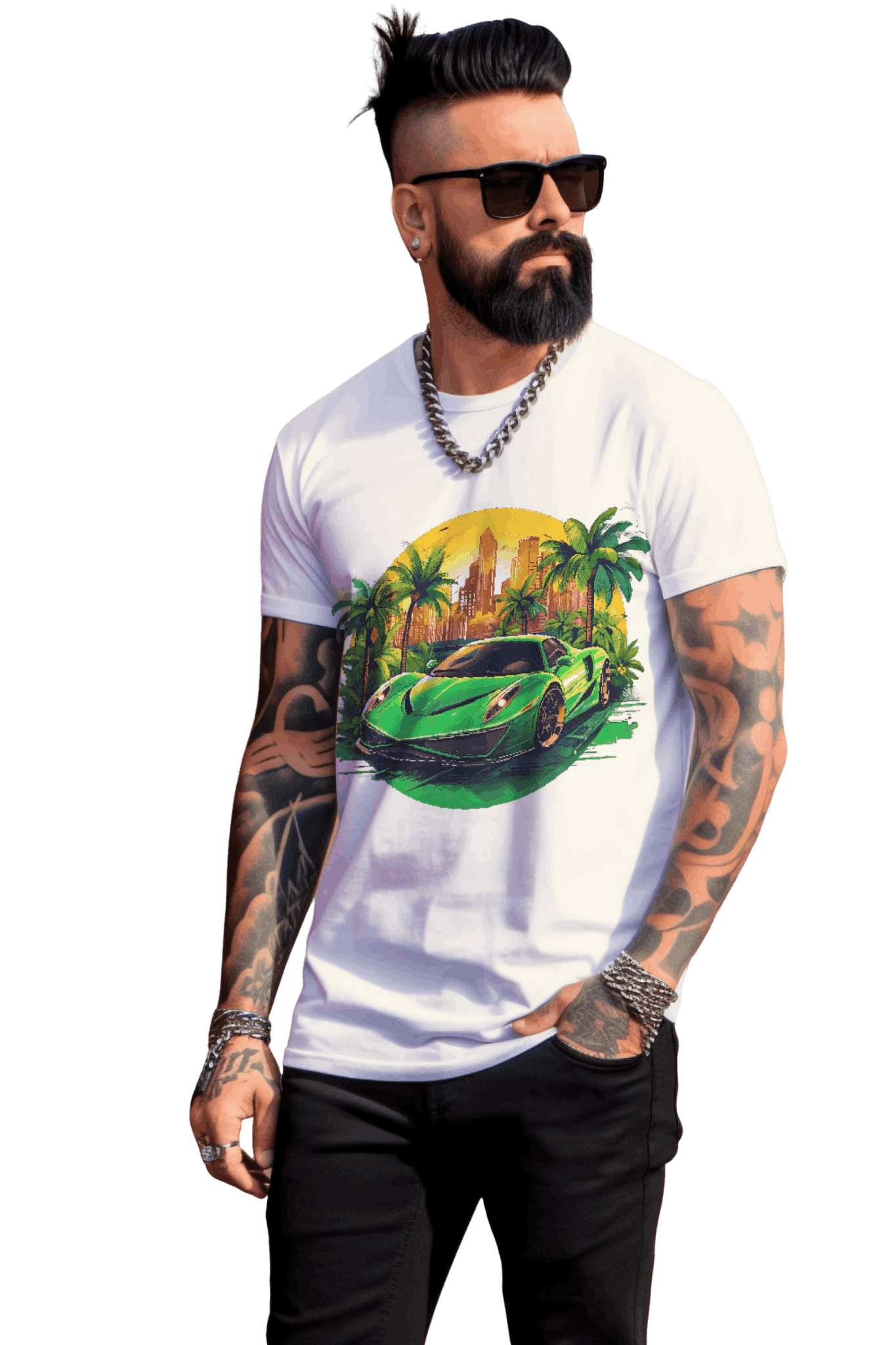 Sleek Green Sports Car T-Shirt for the Stylish Enthusiast White