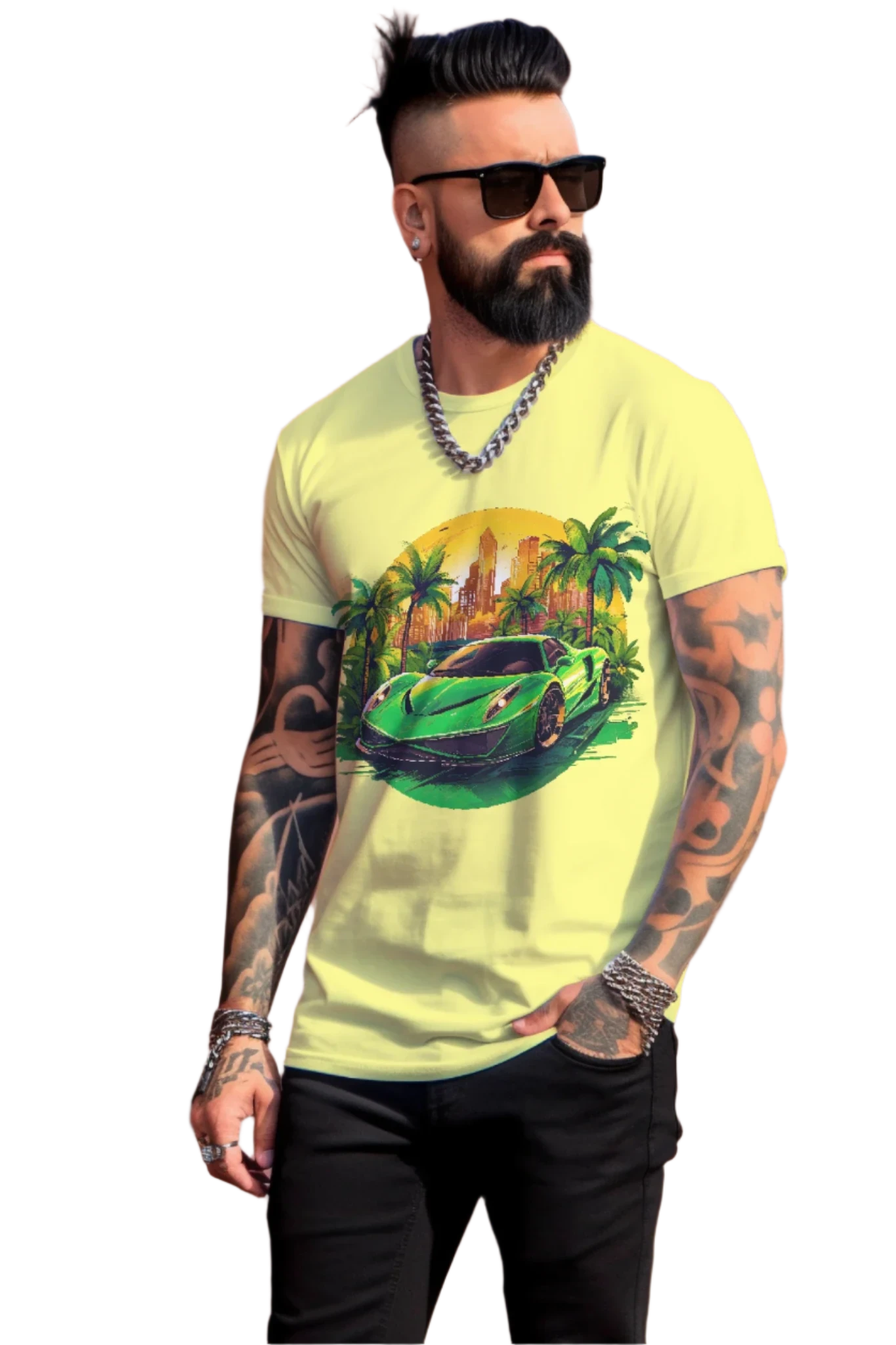 Sleek Green Sports Car T-Shirt for the Stylish Enthusiast Yellow