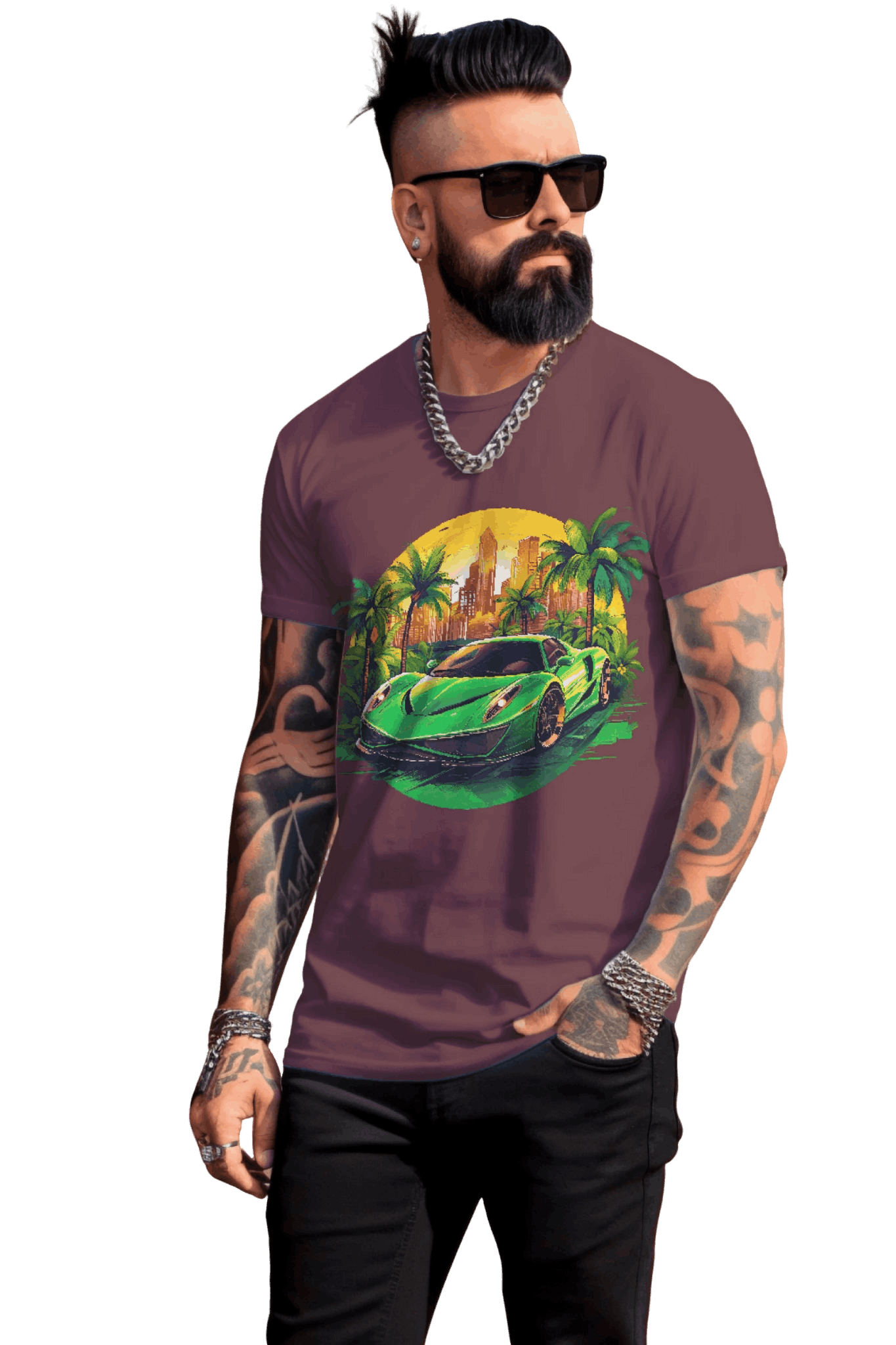 Sleek Green Sports Car T-Shirt for the Stylish Enthusiast Maroon